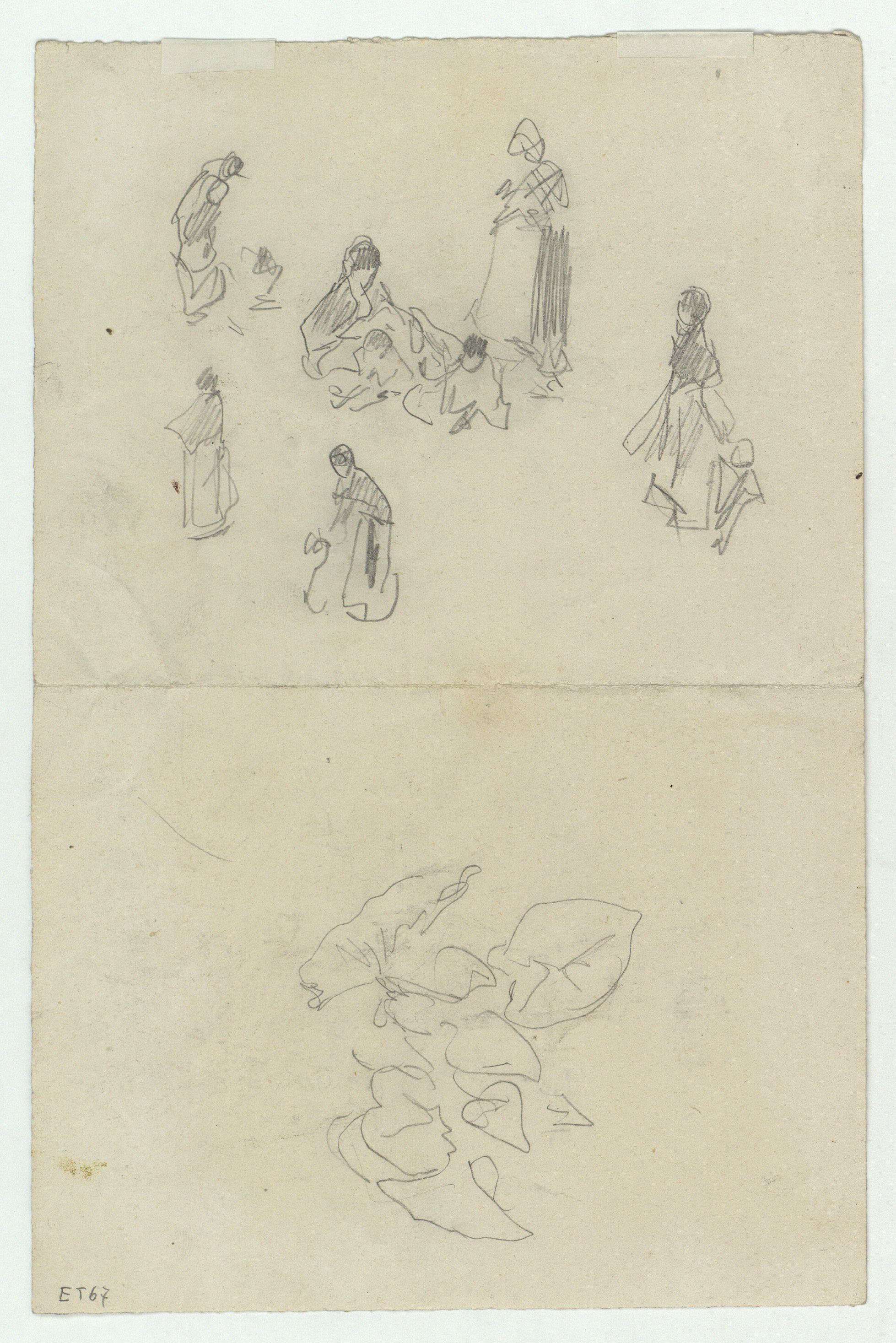 image for: Marià Fortuny - Barcassa amb figures i croquis inconcret (anvers) / Esbós de figures i croquis de fulles (revers) - Cap a 1874 [1]