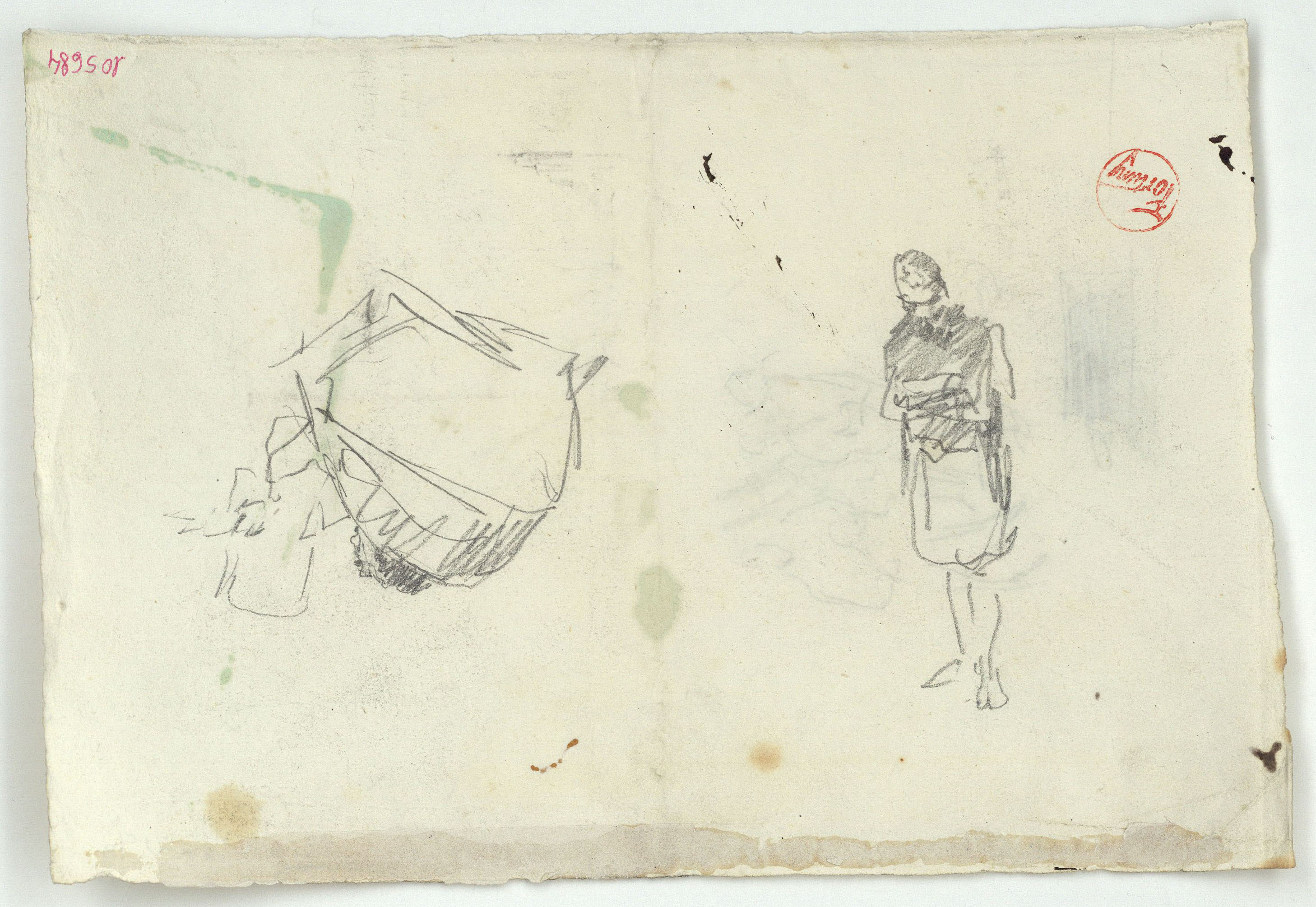 image for: Marià Fortuny - Figura i coverol (anvers) / Croquis de guitarristes (revers) - Cap a 1867-1872