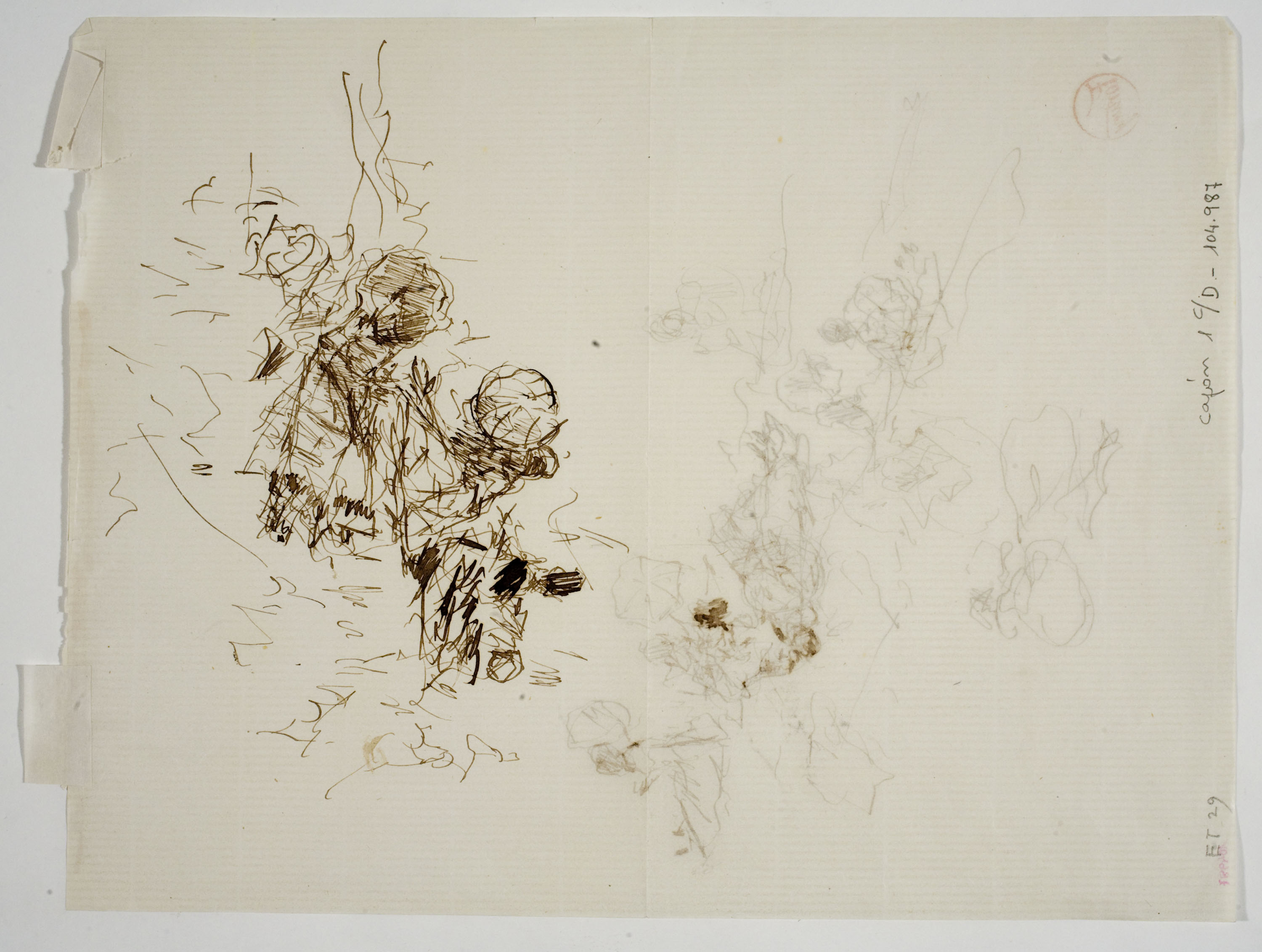 image for: Marià Fortuny - Estudi per al quadre «Platja de Portici» (anvers) / Croquis inconcret (revers) - Cap a 1874 [1]