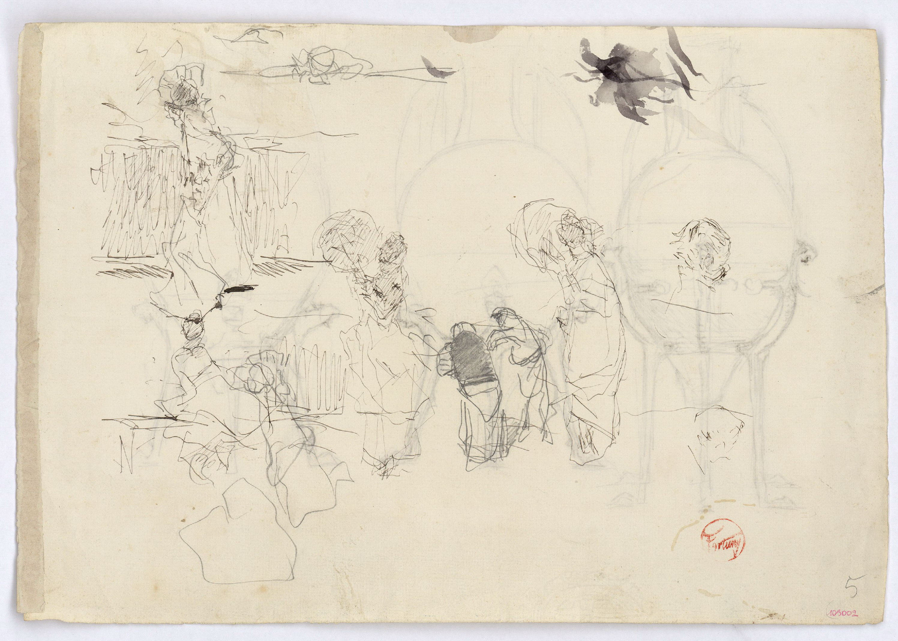 image for: Marià Fortuny - Esbós de figures (anvers) / Vasos d&#039;estil musulmà amb suport  (revers) - Cap a 1870-1874