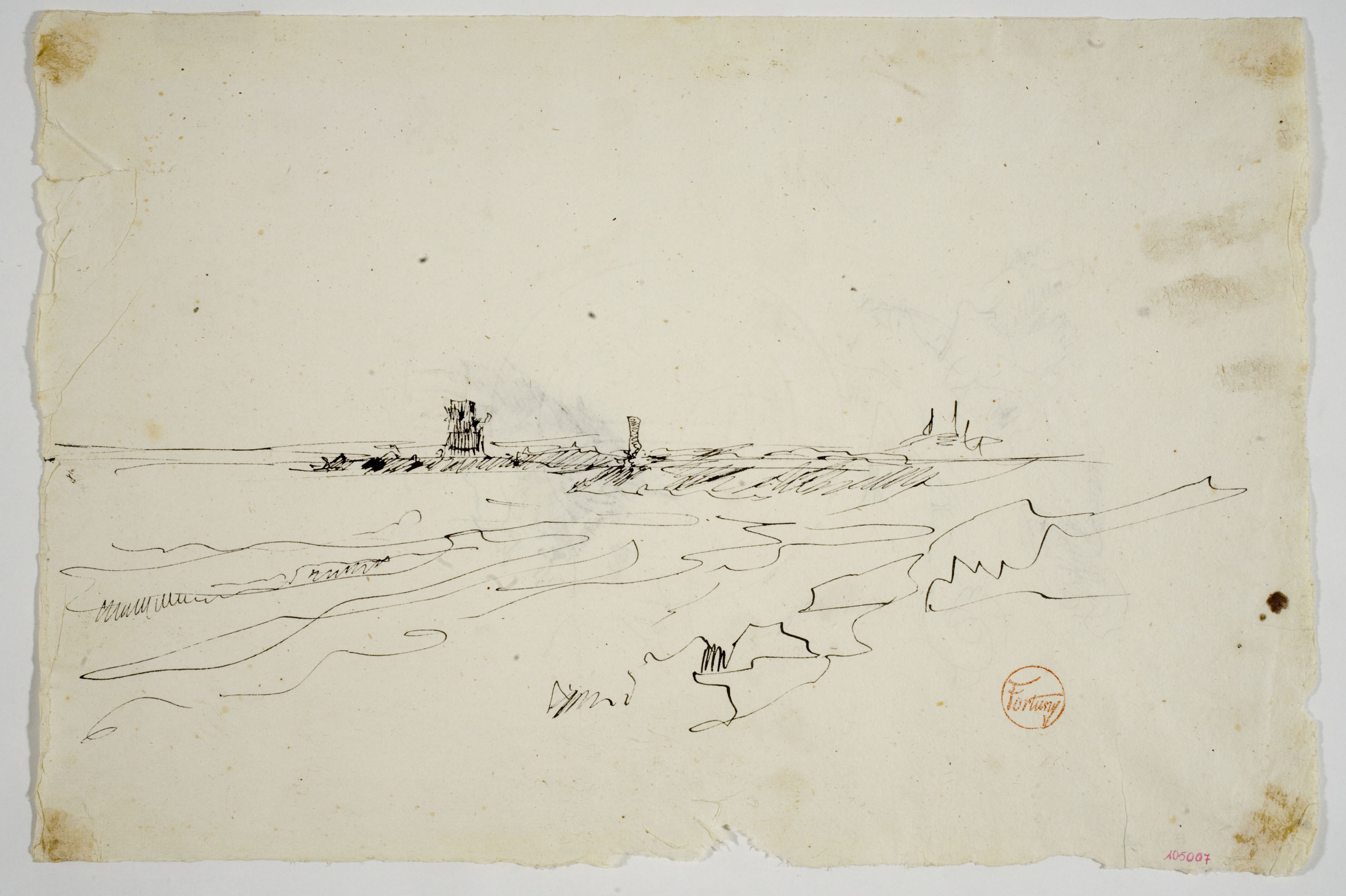 image for: Marià Fortuny - Estudi per al quadre «Platja de Portici» (anvers) / Croquis inconcrets (revers) - Cap a 1874