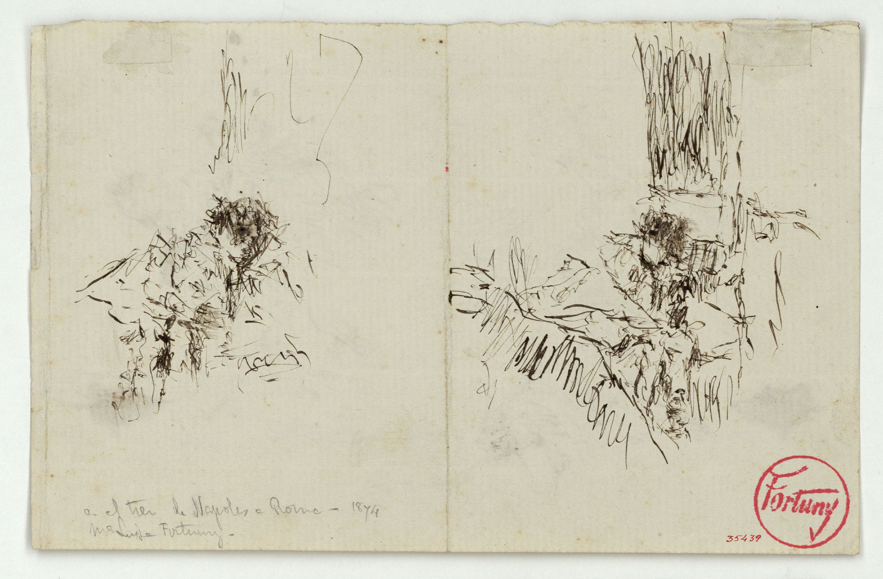 image for: Marià Fortuny - En el tren de Nápoles a Roma (anvers) / Croquis de María Luisa Fortuny, filla de l&#039;artista (revers) - Cap a 1874