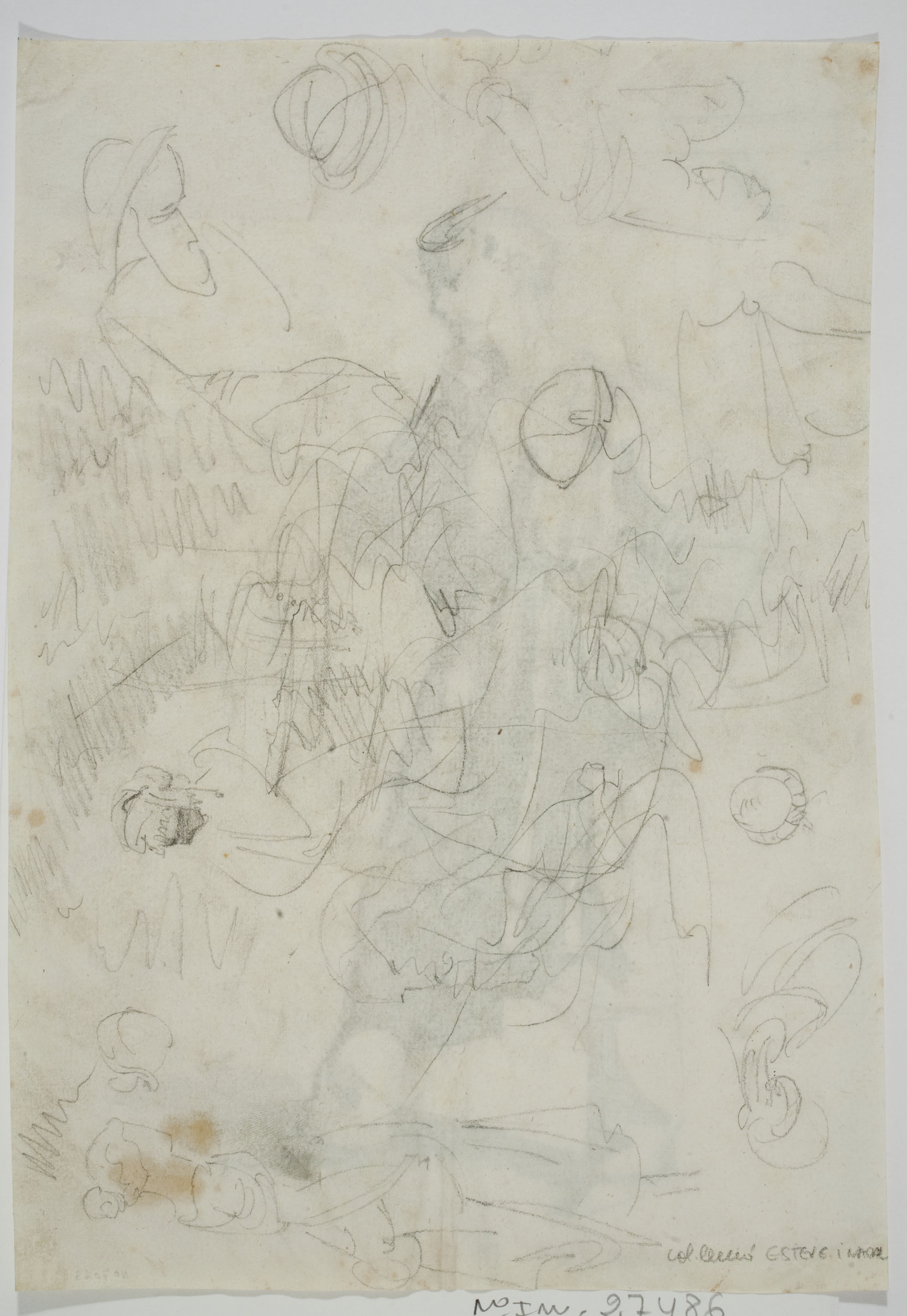 image for: Marià Fortuny - Estudi acadèmic de figura masculina (anvers) / Esbossos de figures i croquis inconcrets (revers) - Cap a 1856-1858 [1]