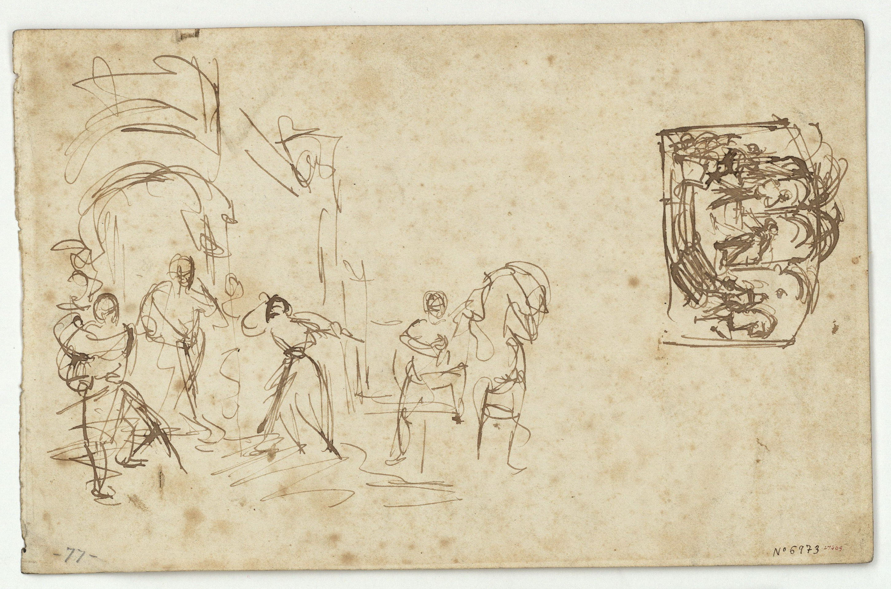 image for: Marià Fortuny - Estudi de composició (anvers) / Esbós de guerrer i cavall (revers) - Cap a 1856-1858