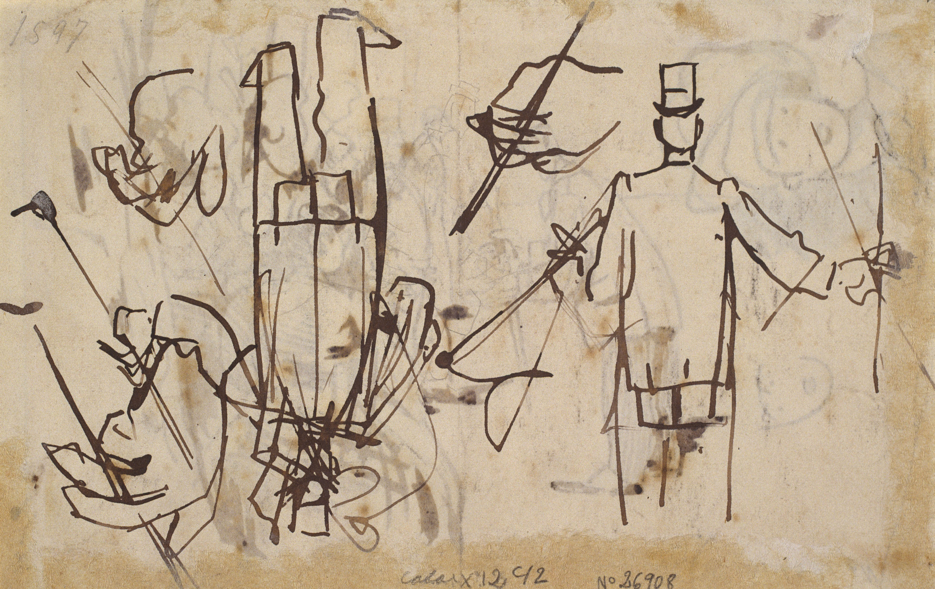 image for: Ramon Casas - Apunt de la Rambla de les Flors i caps (anvers) / Croquis de figures masculines i apunts de mans (revers) - Cap a 1890-1900 [1]