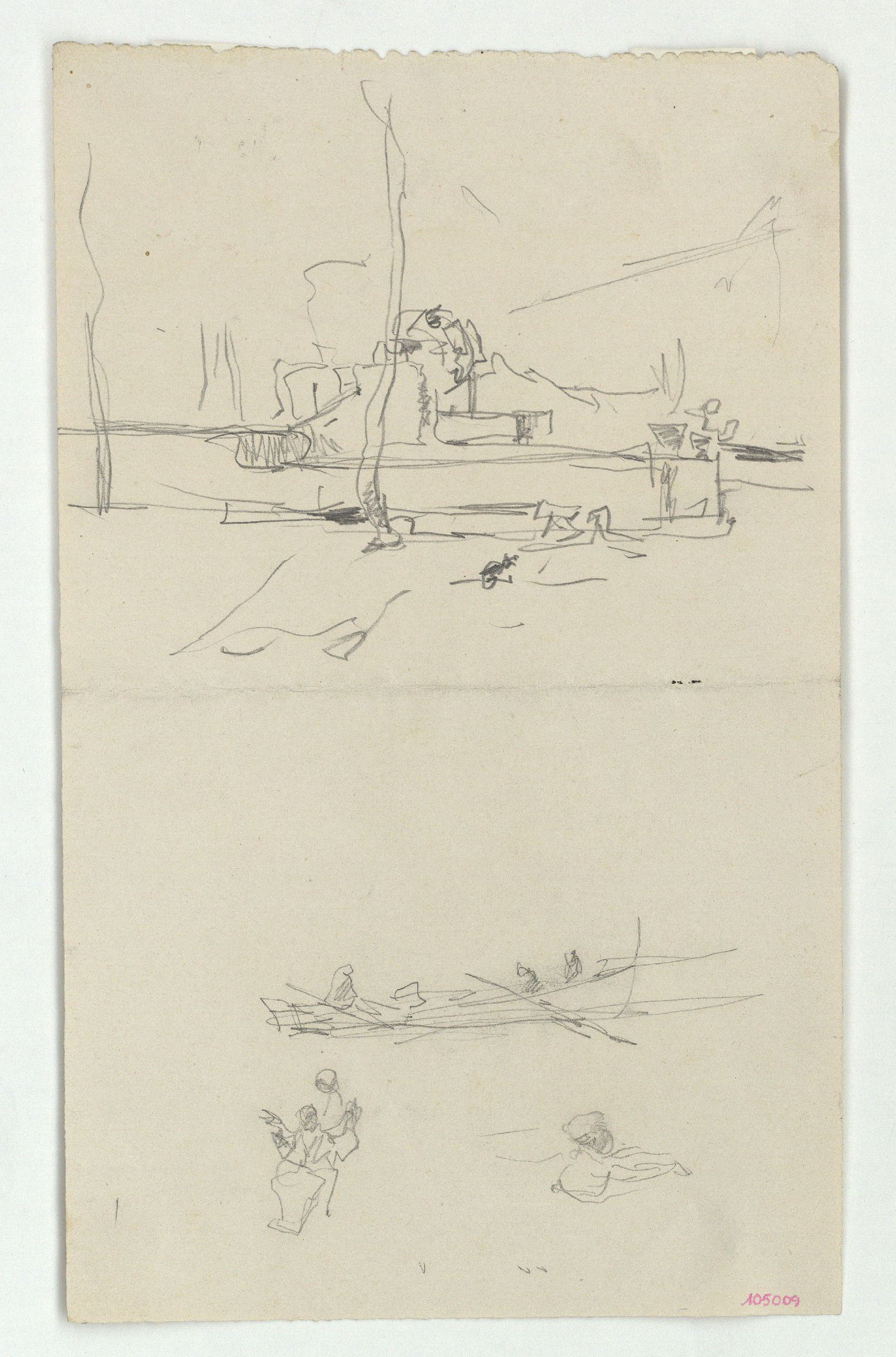 image for: Marià Fortuny - Croquis d&#039;un carrer i de barques amb figures - Cap a 1874