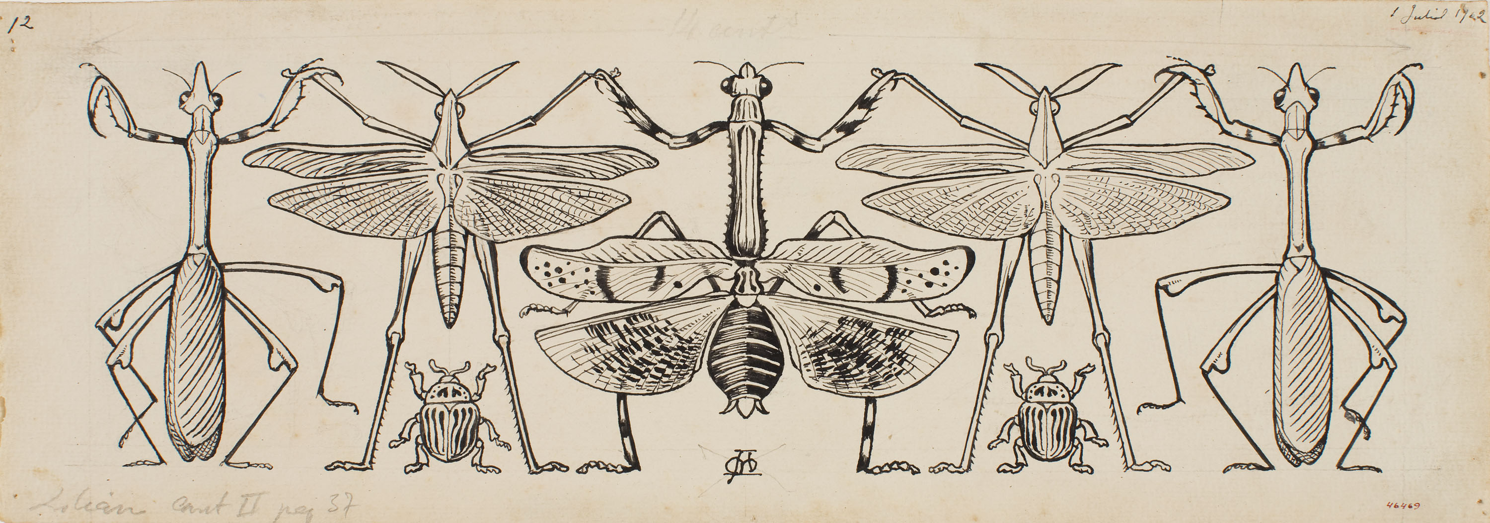 image for: Apel·les Mestres - Saltamartins, espiadimonis i escarabats fent sardana. Capçalera de pàgina per al poema «Liliana» d&#039;Apel·les Mestres - 1902