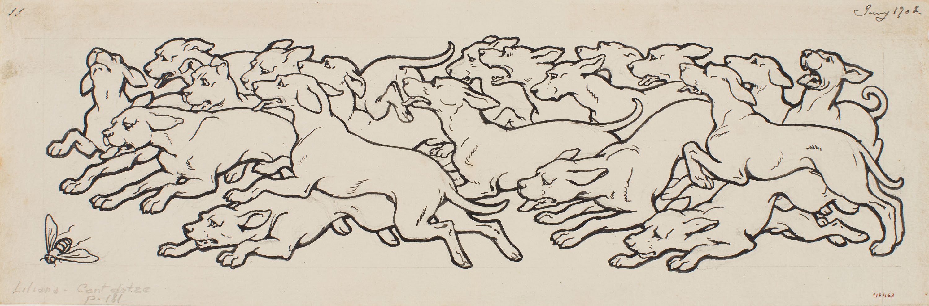 image for: Apel·les Mestres - Gossada empaitant una abella. Capçalera de pàgina per al poema «Liliana» d&#039;Apel·les Mestres - 1902