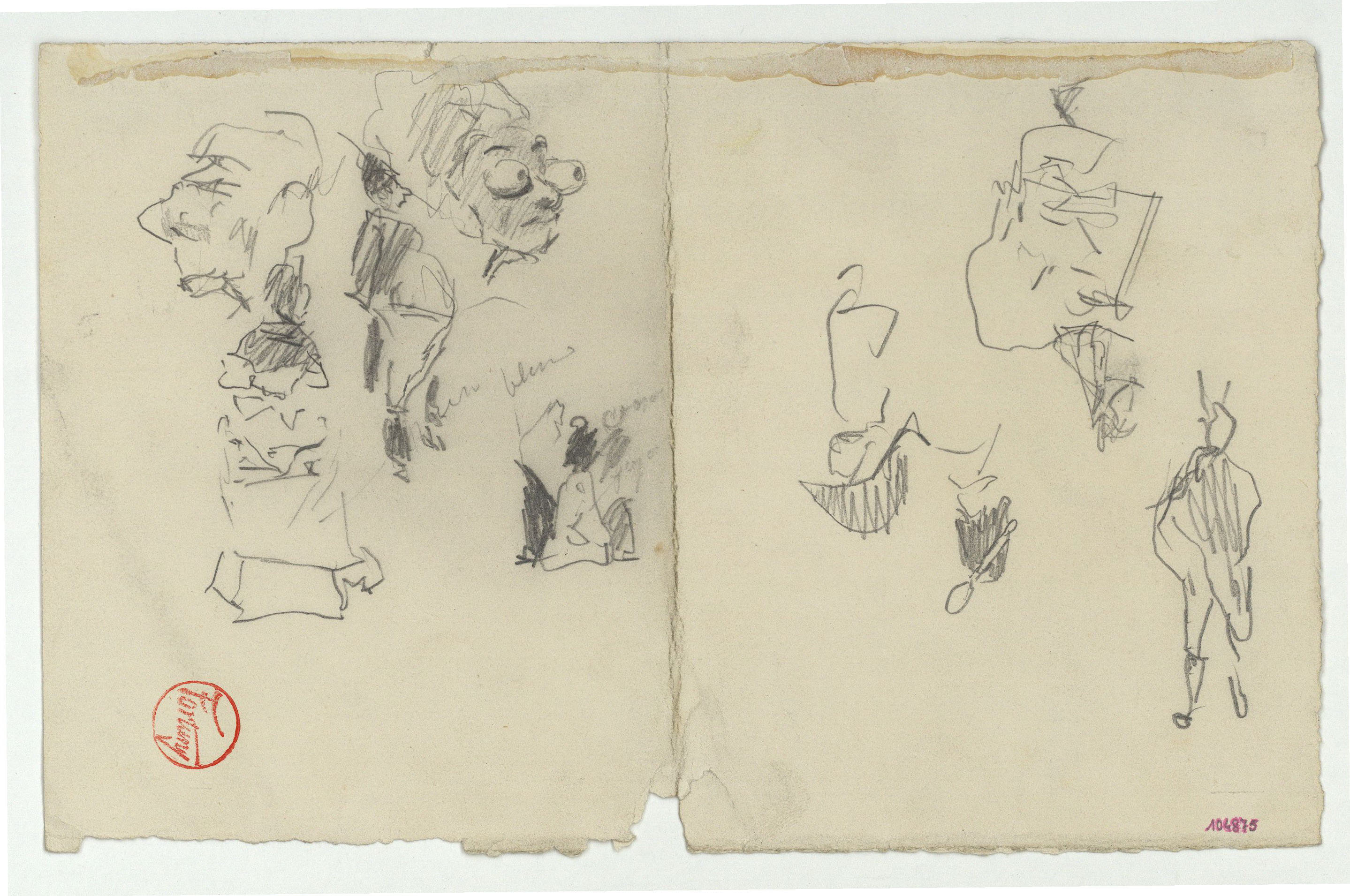 image for: Marià Fortuny - Caps caricaturescos i esbós de figures (anvers) / Esbós de carrer amb figures (revers) - Cap a 1867-1872