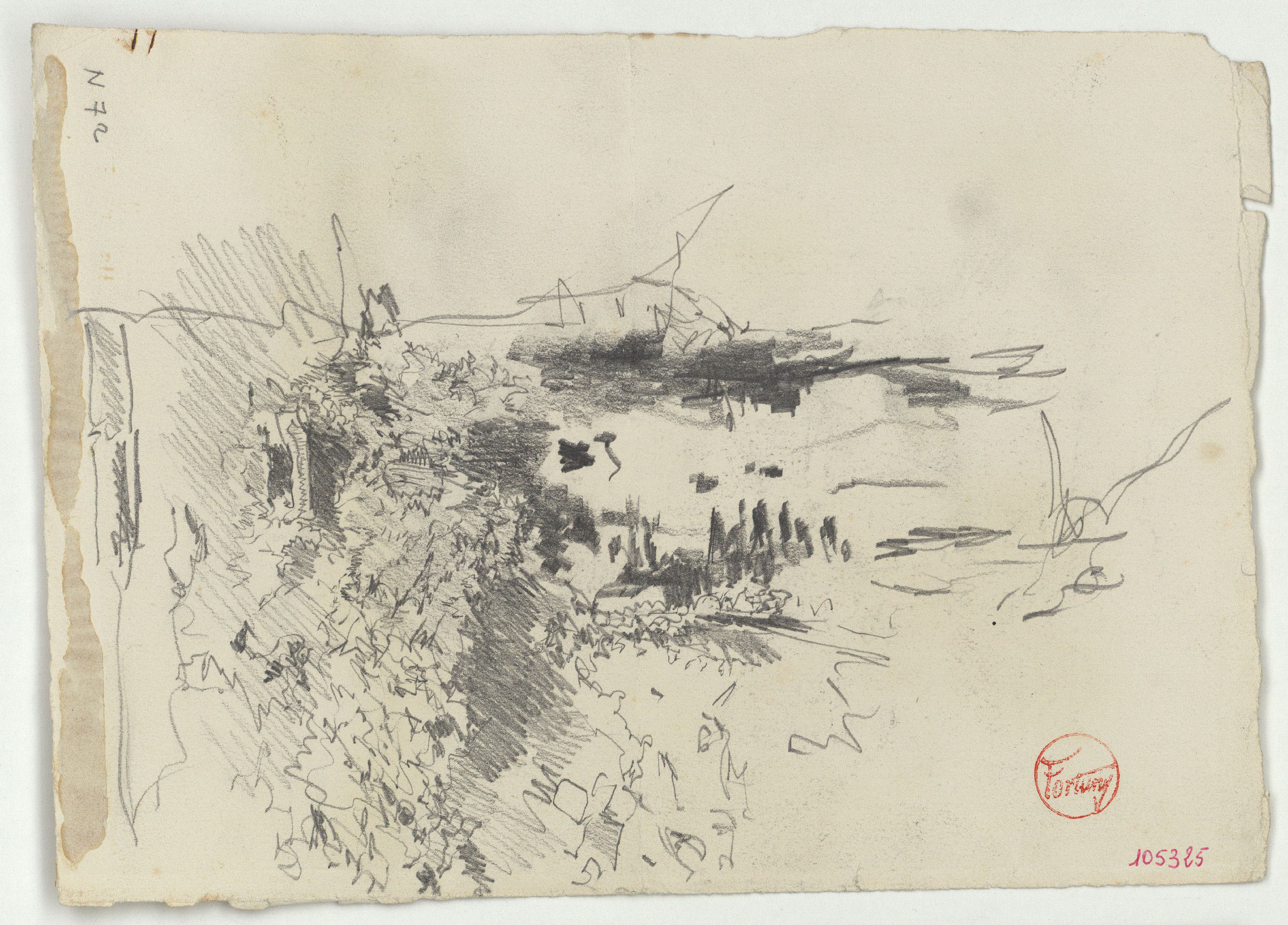 image for: Marià Fortuny - Paisatge (anvers) / Motius ornamentals d&#039;estil musulmà i croquis inconcret (revers) - Cap a 1870-1872