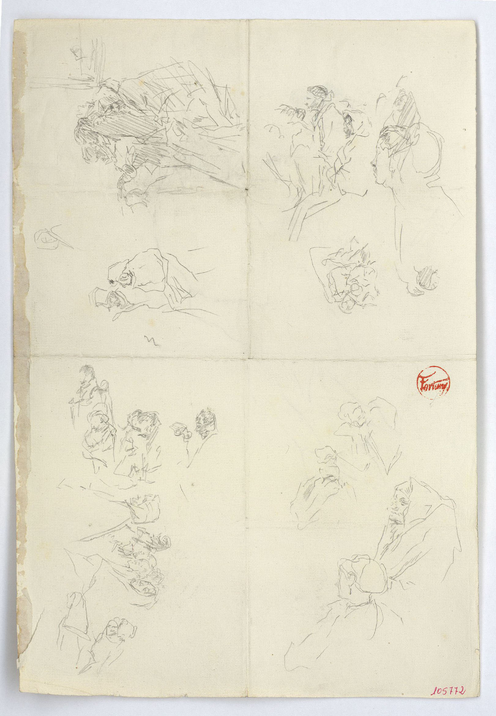 image for: Marià Fortuny - Croquis de figures i caps femenins (anvers) / Croquis de roca i figures (revers) - Cap a 1870-1872