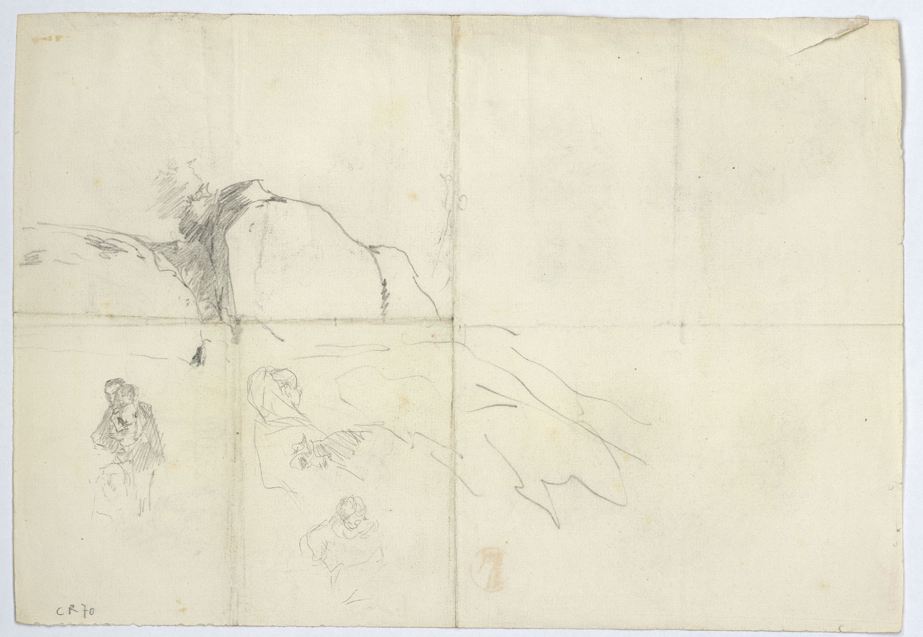 image for: Marià Fortuny - Croquis de figures i caps femenins (anvers) / Croquis de roca i figures (revers) - Cap a 1870-1872 [1]