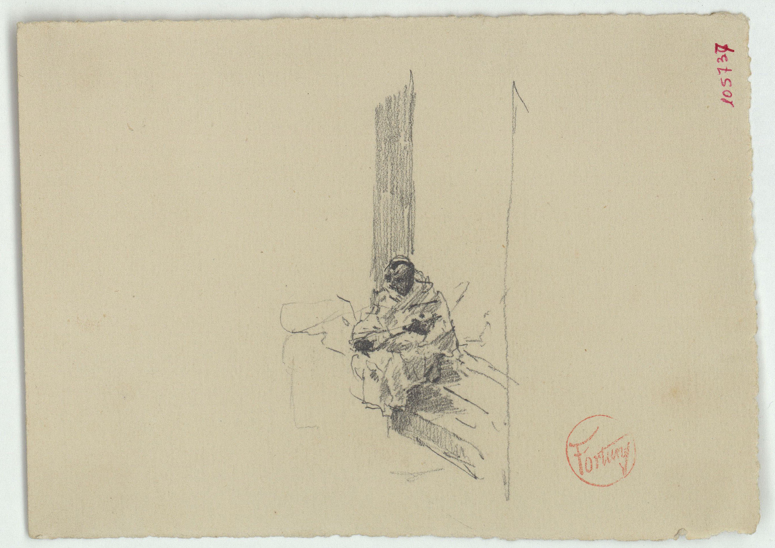 image for: Marià Fortuny - Figura femenina asseguda (anvers) / Croquis d&#039;un pom d&#039;espasa (revers) - Cap a 1871