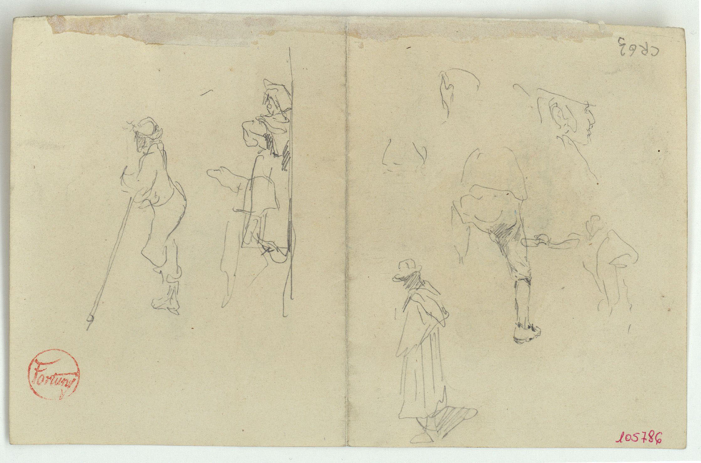 image for: Marià Fortuny - Pidolaires i altres figures masculines (anvers) / Esbós de figures i figures al llindar d&#039;una porta (revers) - Cap a 1863-1866