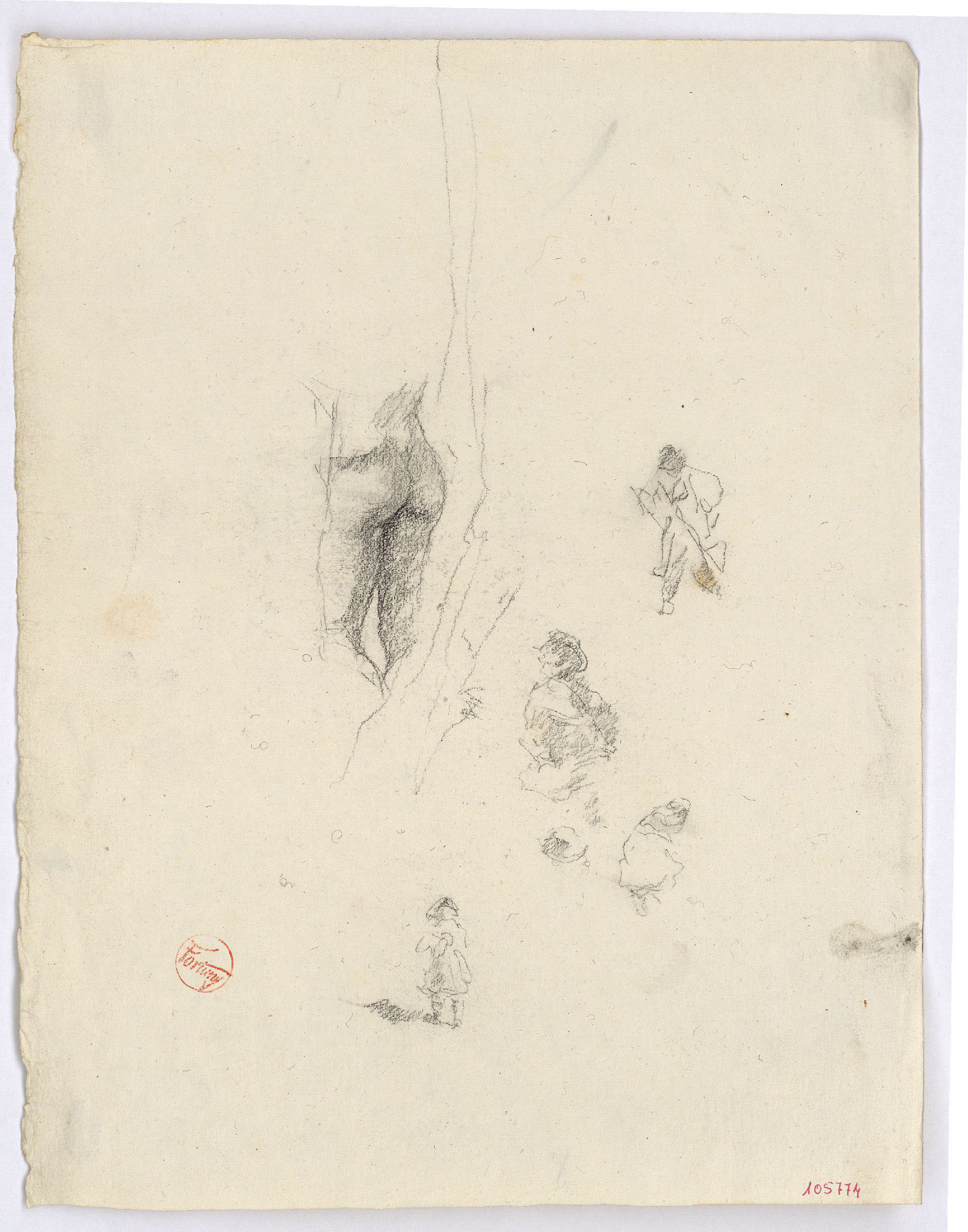 image for: Marià Fortuny - Detall de nu masculí i esbossos de figures - Cap a 1870-1872