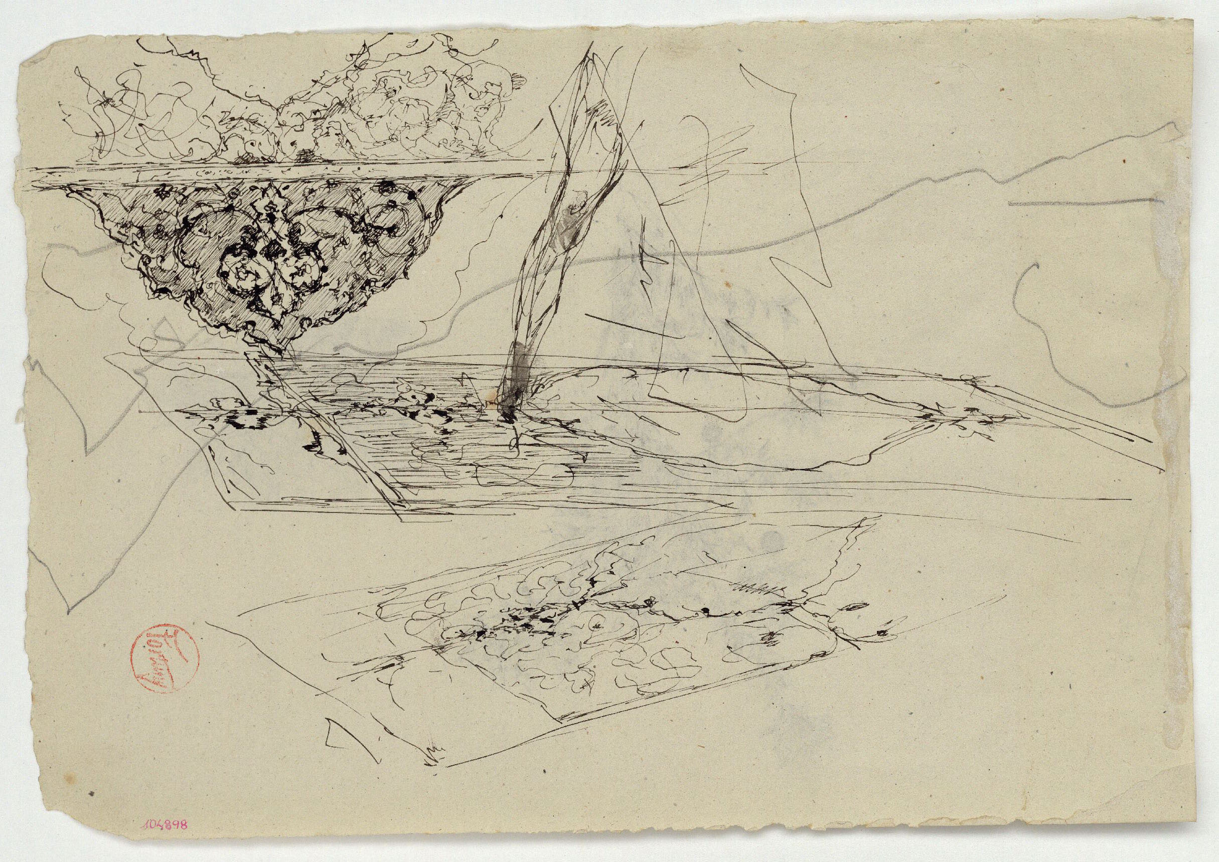 image for: Marià Fortuny - Croquis de tapissos (anvers) / Branques amb fulles i fruits (revers) - Cap a 1870-1872