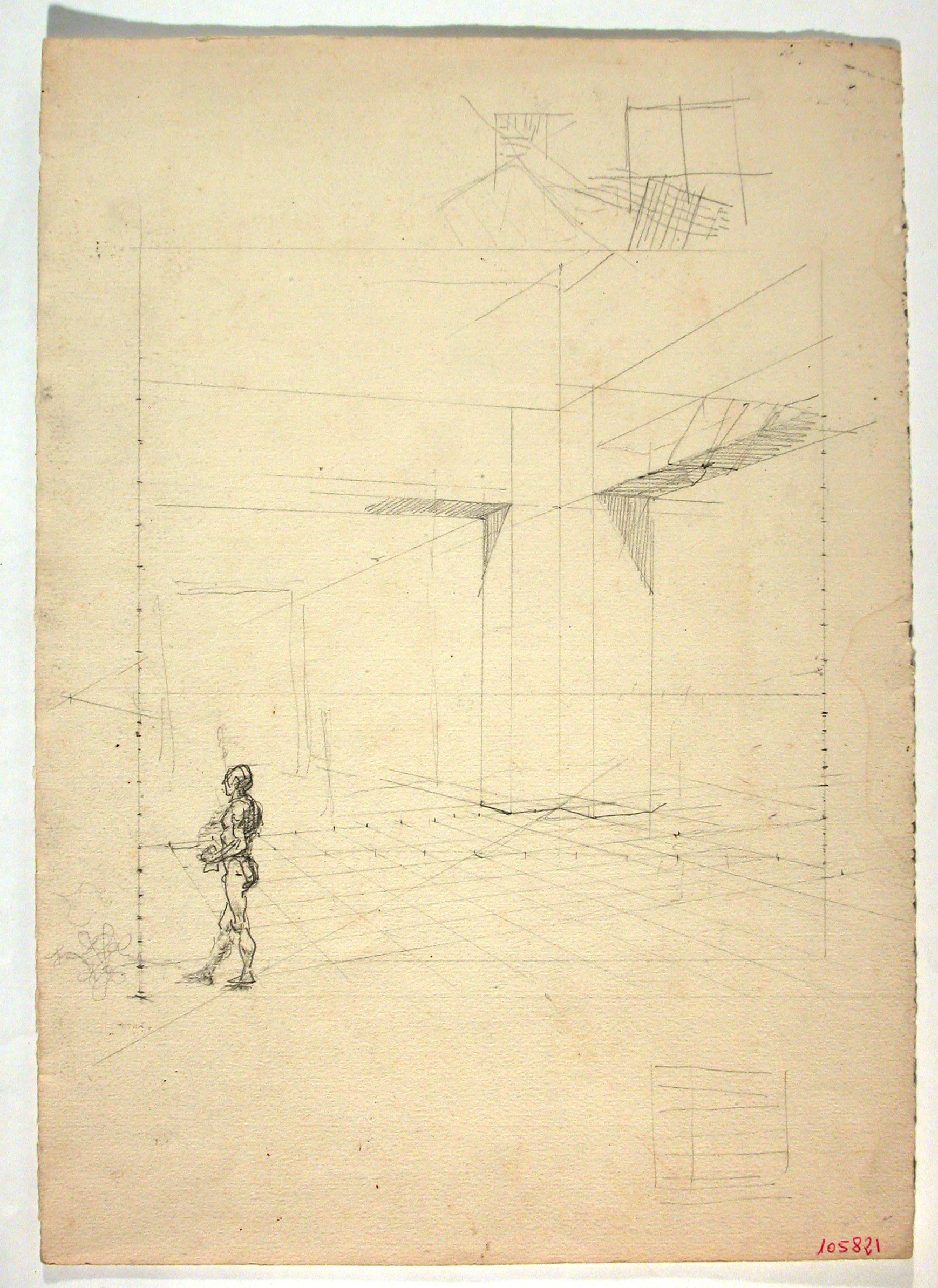 image for: Marià Fortuny - Estudi de perspectiva i figura masculina (anvers) / Esbós d&#039;un cavall i figures masculines (revers) - Cap a 1863-1872