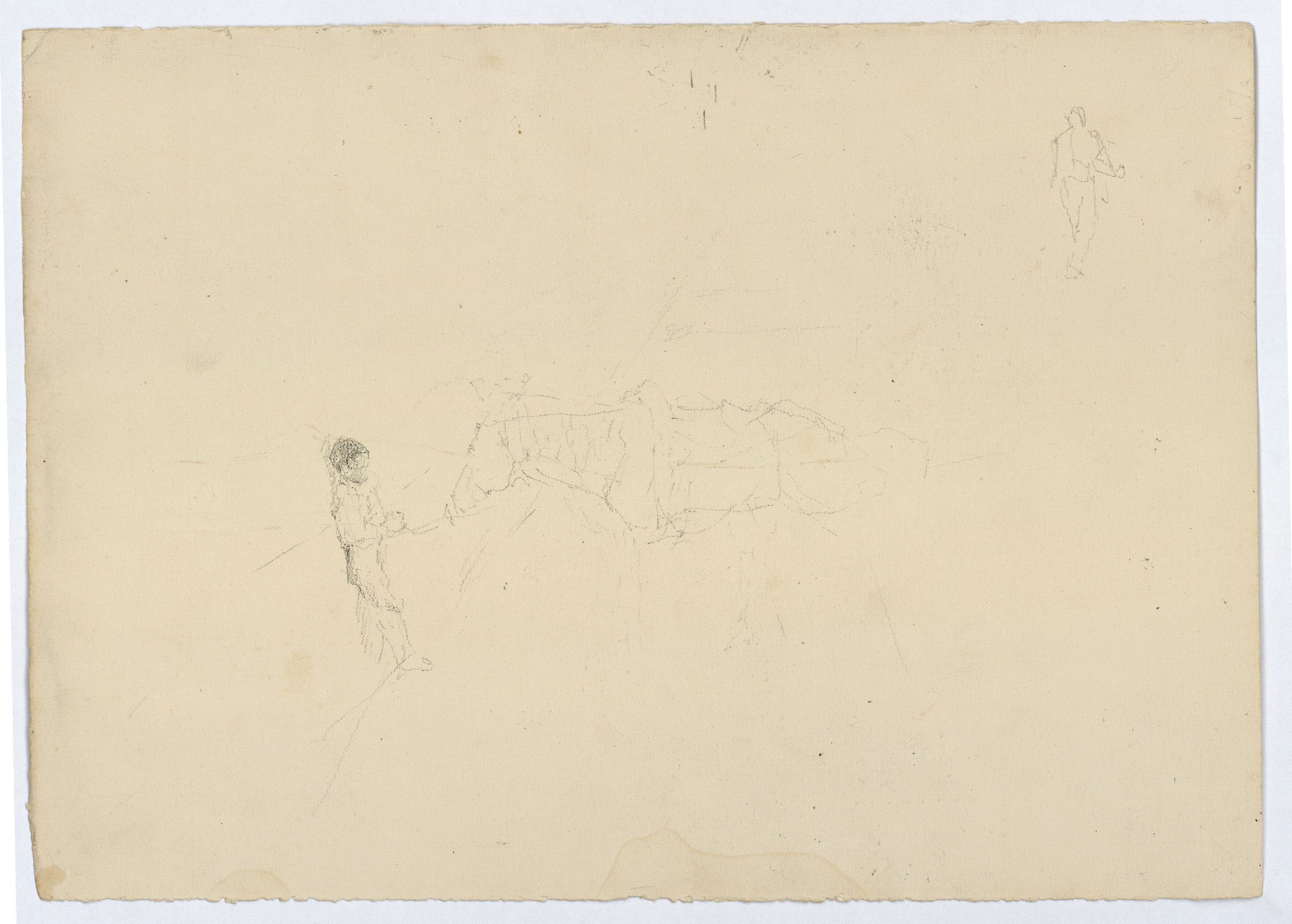 image for: Marià Fortuny - Estudi de perspectiva i figura masculina (anvers) / Esbós d&#039;un cavall i figures masculines (revers) - Cap a 1863-1872 [1]