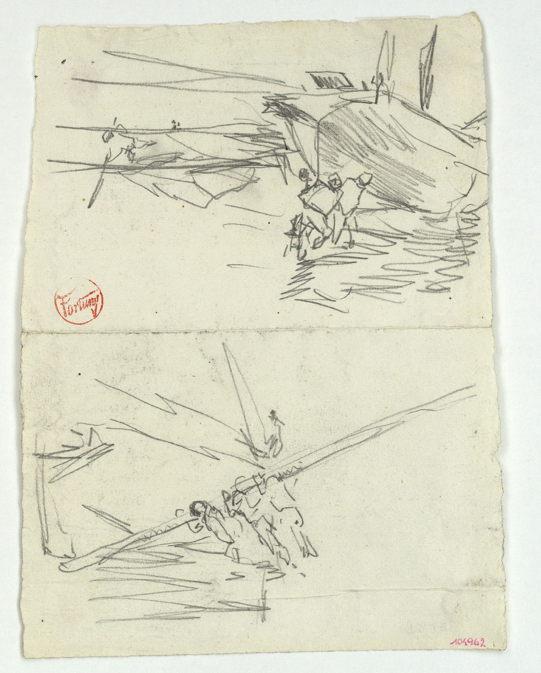 image for: Marià Fortuny - Esbós de barcassa amb figures i figures sostenint un objecte llarg - Cap a 1874