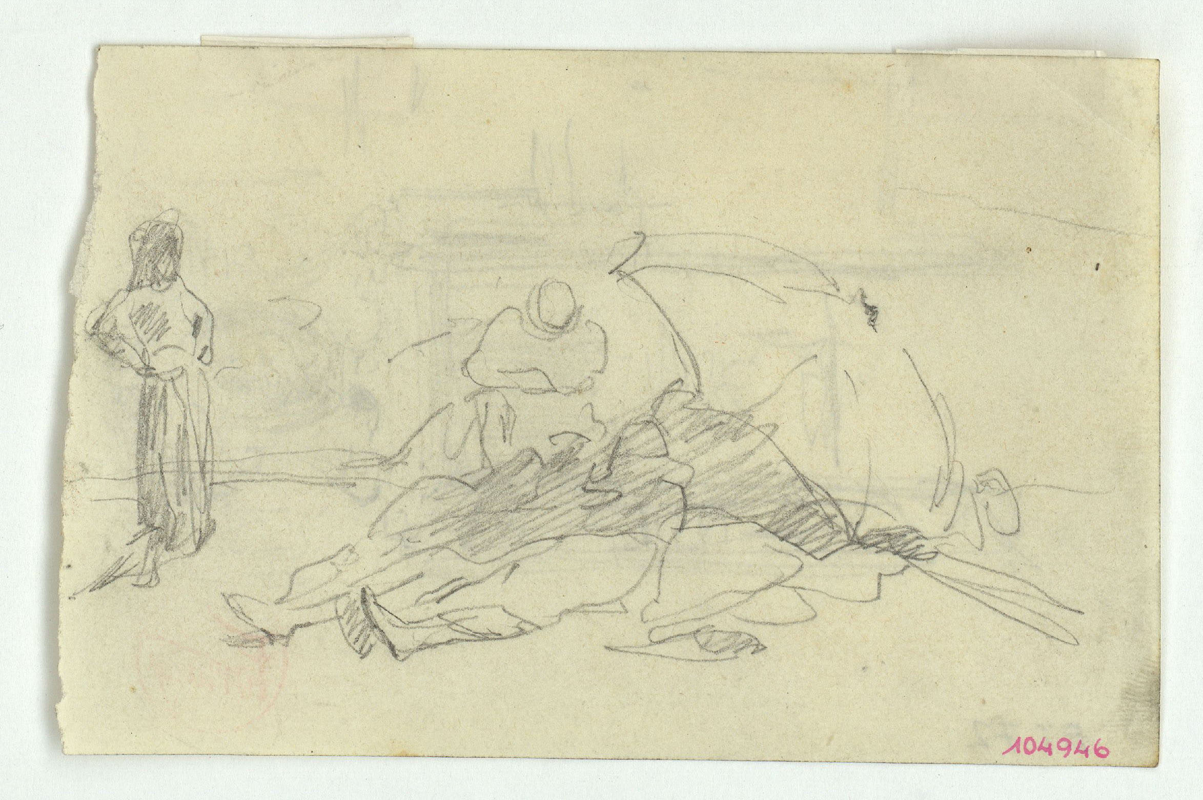 image for: Marià Fortuny - Figures a la platja (anvers) / Porta i ornamentació de sobreporta (revers) - Cap a 1874