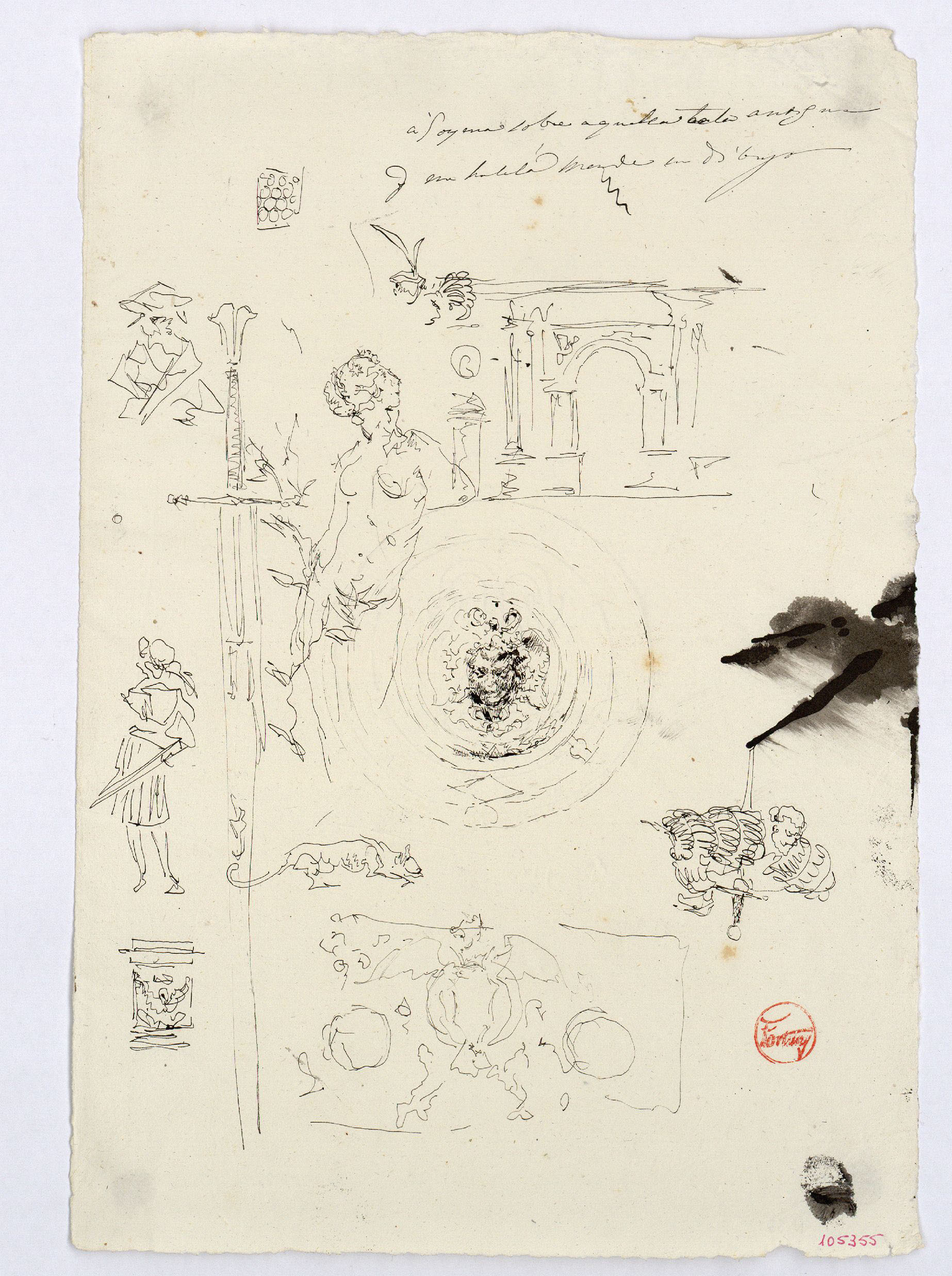 image for: Marià Fortuny - Croquis de figures, detalls arquitectònics, motius ornamentals i espases - Cap a 1870-1872
