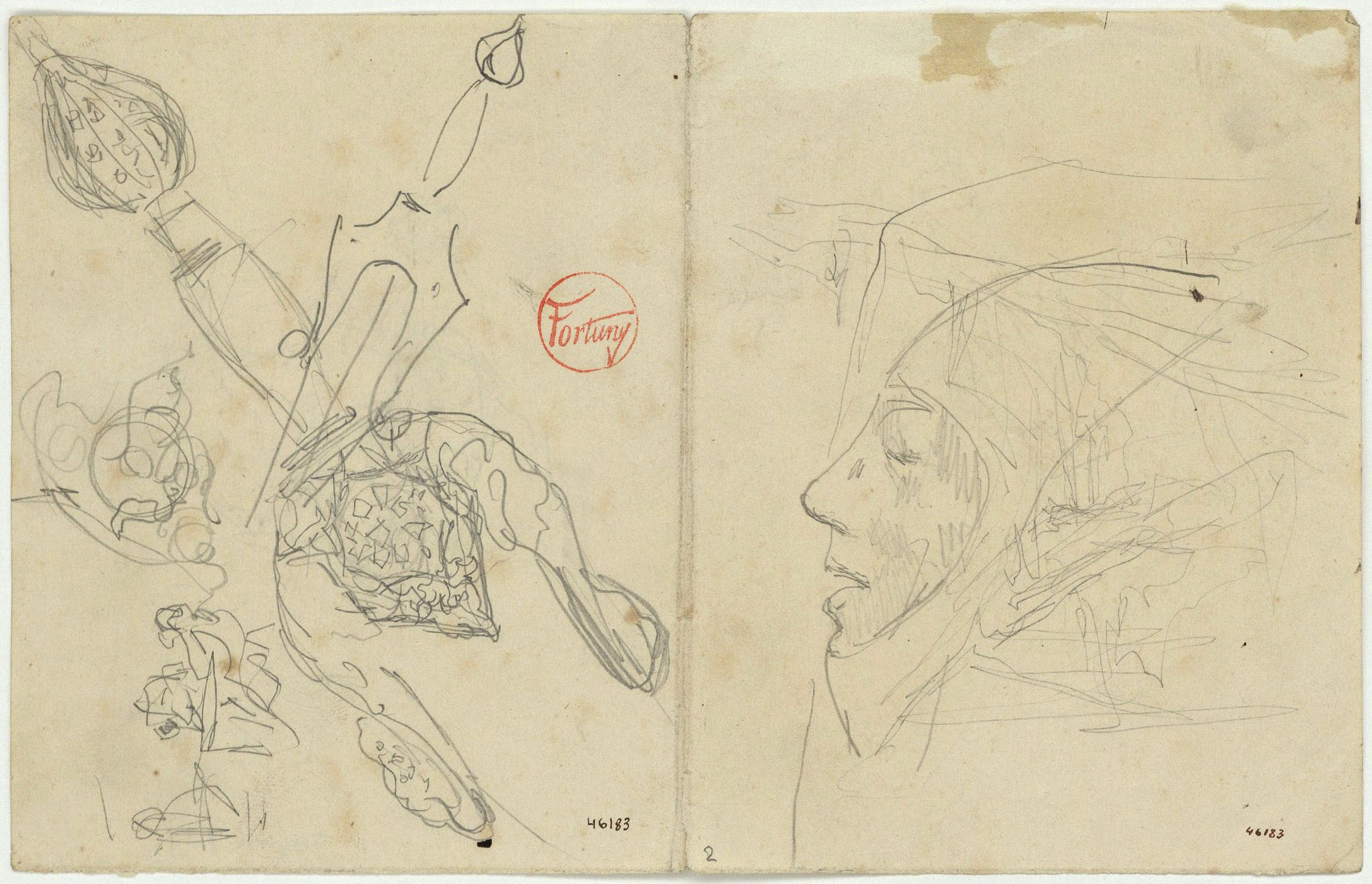 image for: Marià Fortuny - Espases d&#039;estil musulmà i un cap (anvers) / Croquis inconcret (revers) - Cap a 1870-1872