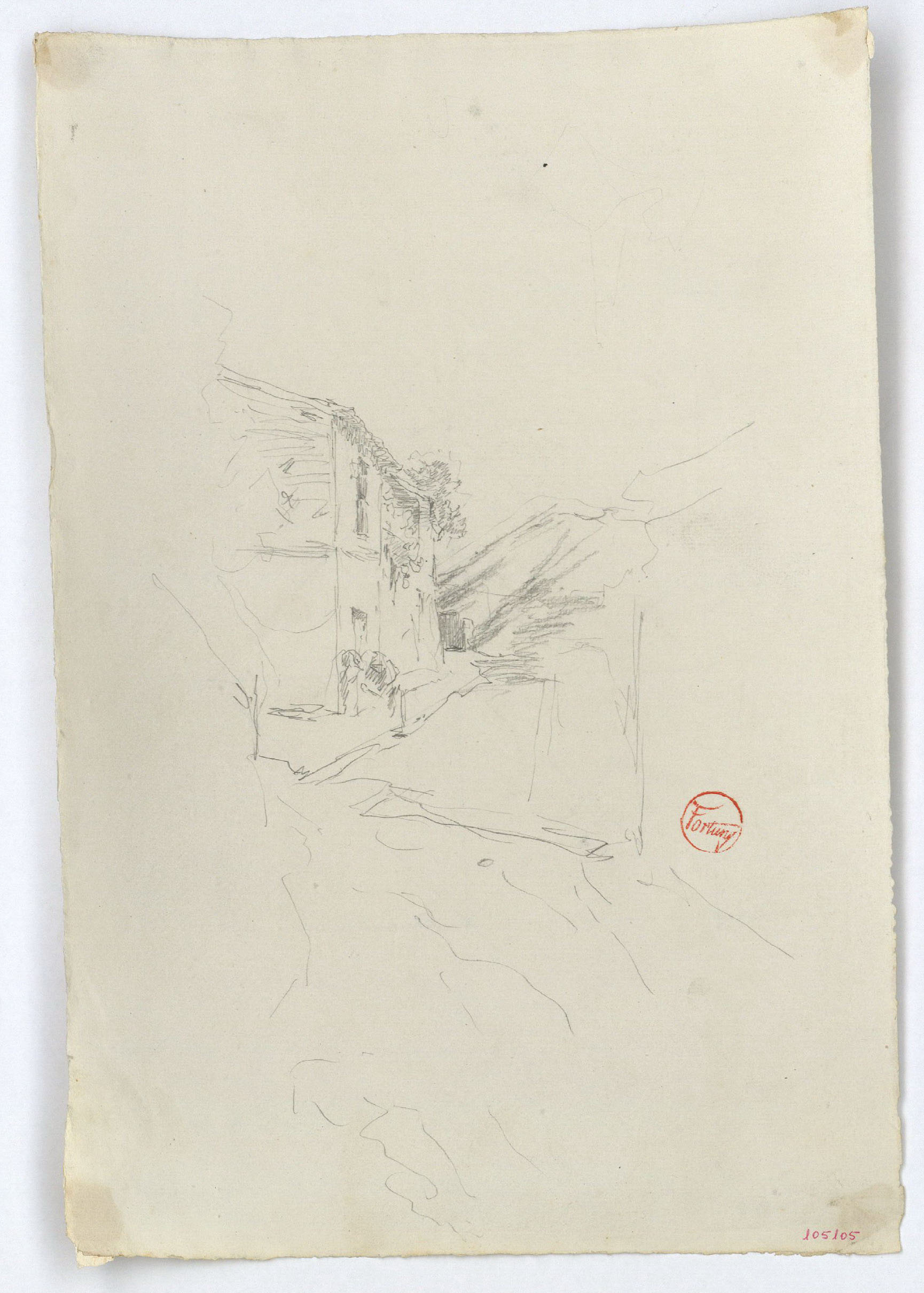 image for: Marià Fortuny - Casa de poble i figures (anvers) / Composició geomètrica (revers) - Cap a 1870-1872