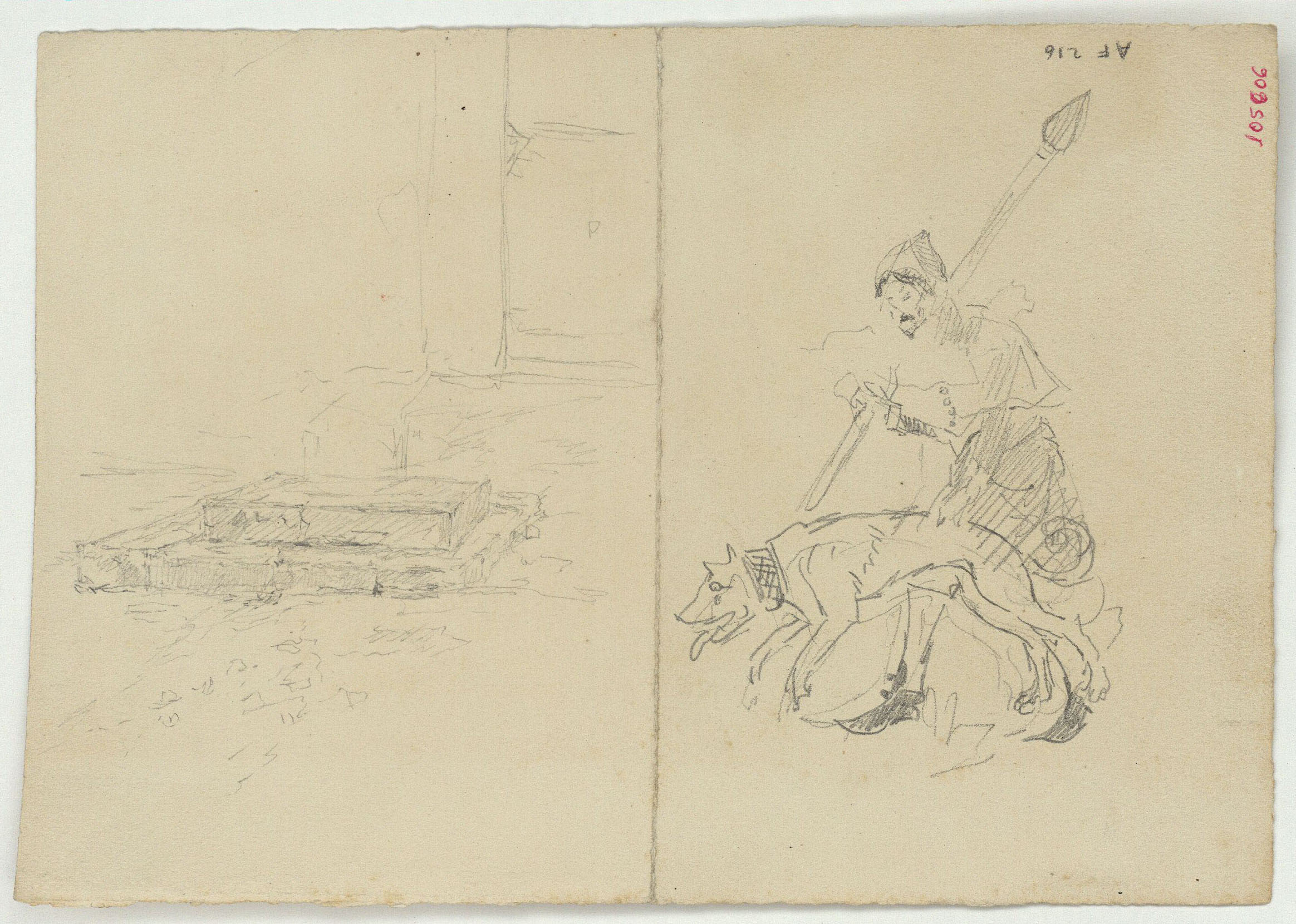 image for: Marià Fortuny - Esglaons d&#039;accés a una casa i figura amb indumentària medieval i gos (anvers) / Còpia de figures d&#039;escenes medievals de la Sala dels Reis de l&#039;Alhambra (revers) - Cap a 1867-1872