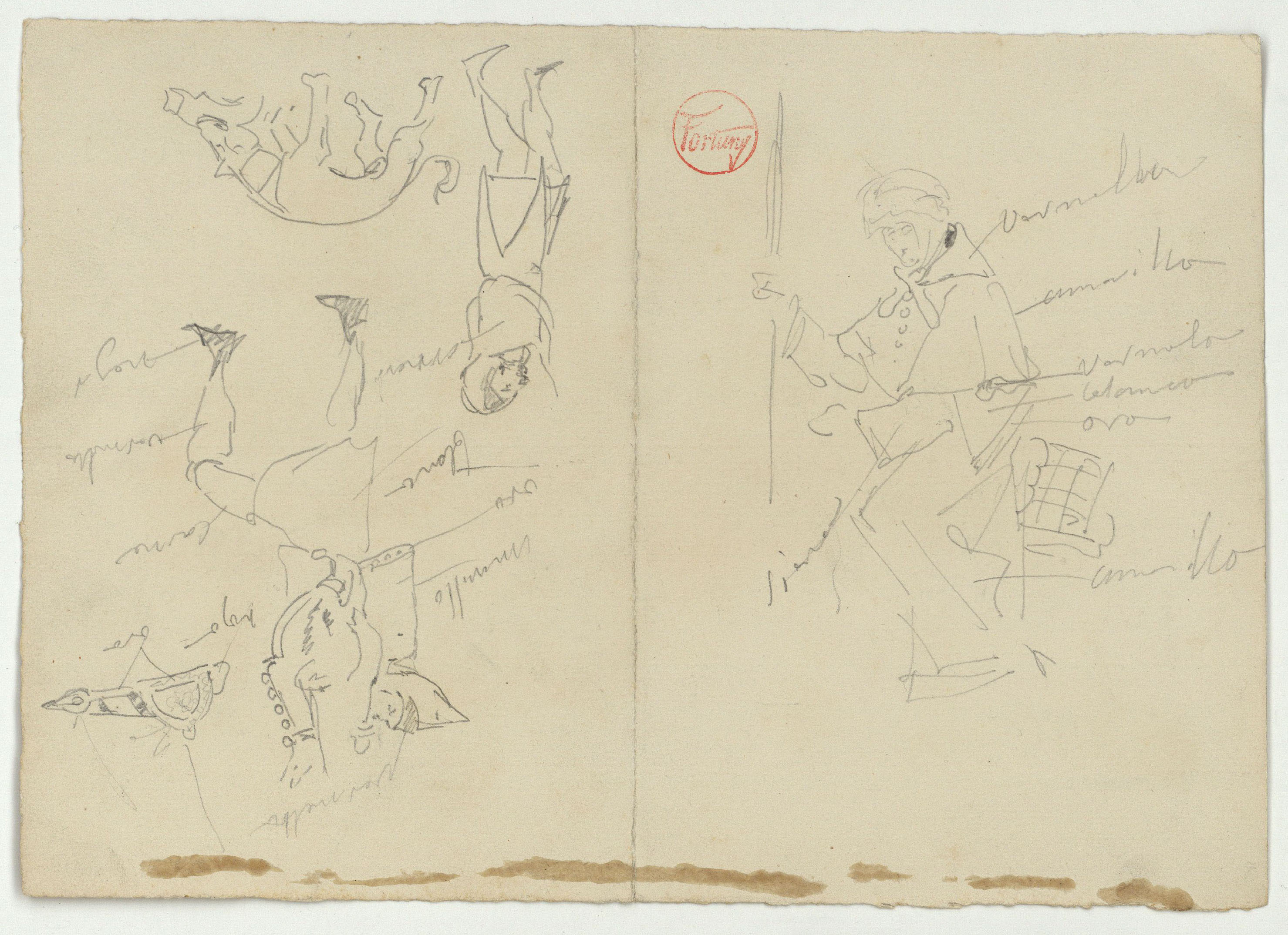 image for: Marià Fortuny - Esglaons d&#039;accés a una casa i figura amb indumentària medieval i gos (anvers) / Còpia de figures d&#039;escenes medievals de la Sala dels Reis de l&#039;Alhambra (revers) - Cap a 1867-1872 [1]