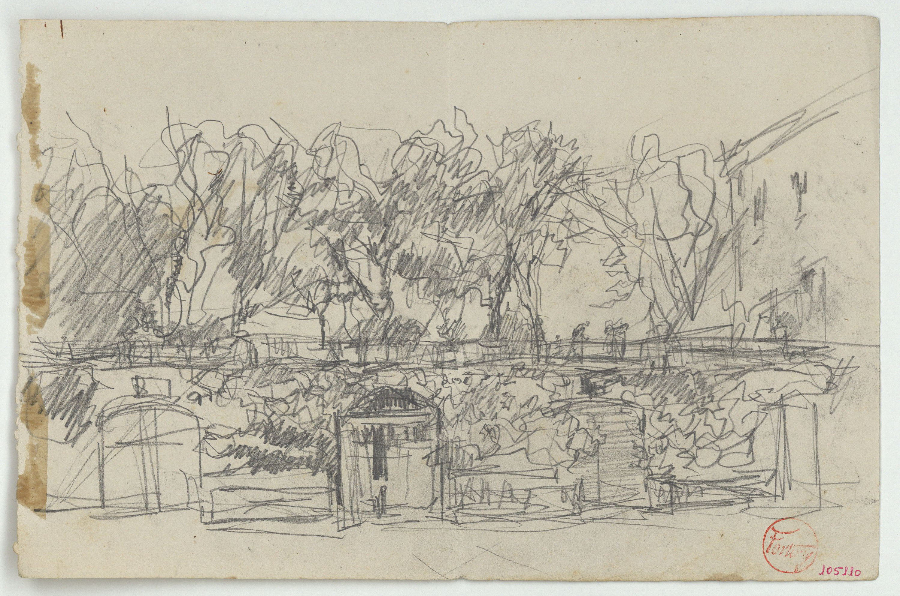 image for: Marià Fortuny - Esbós d&#039;una casa, mur i arbres (anvers) / Croquis de figures i home assegut (revers) - Cap a 1870-1874