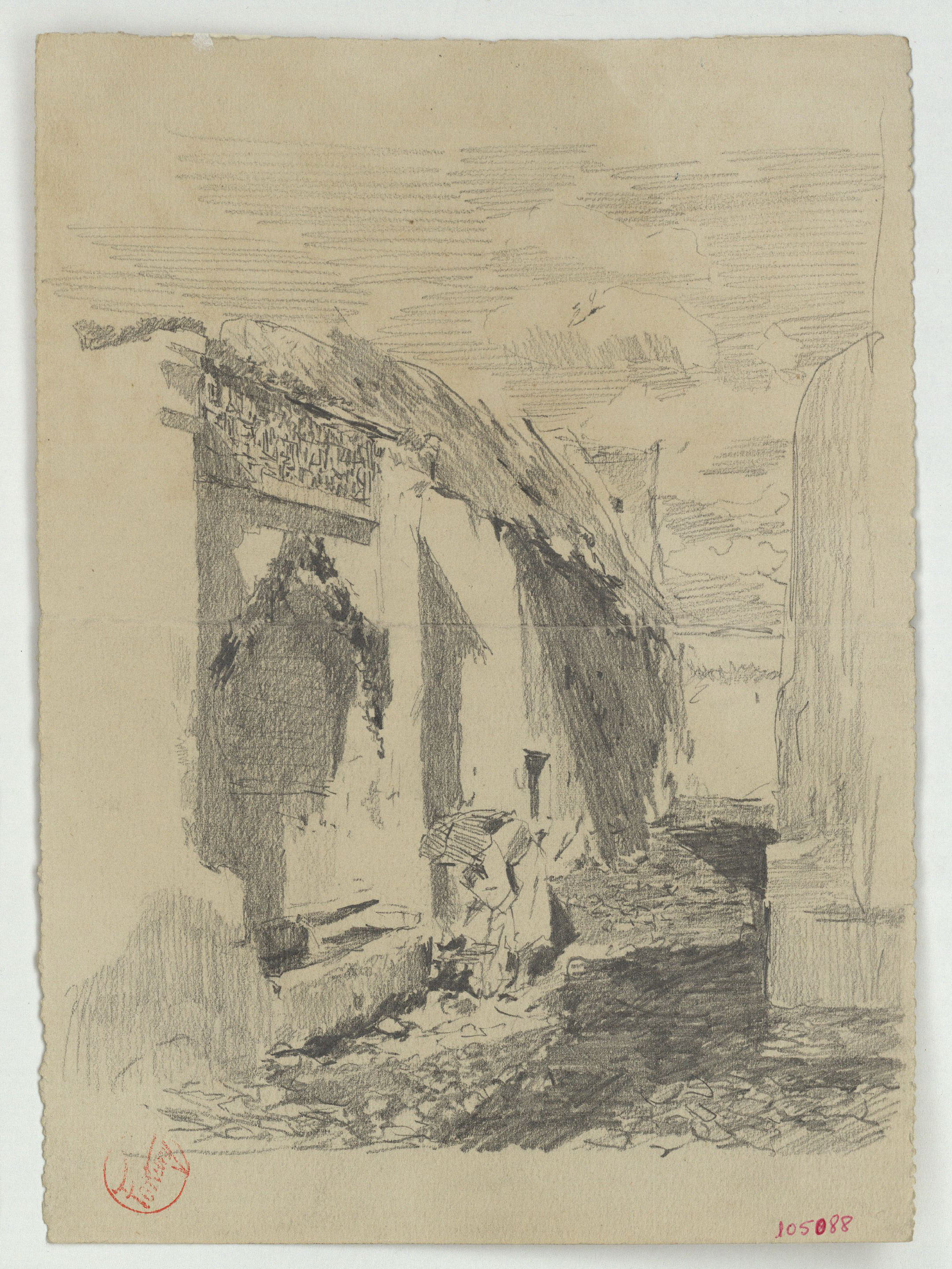 image for: Marià Fortuny - Carrer amb font (anvers) / Esbós de marroquins (revers) - Cap a 1867-1872