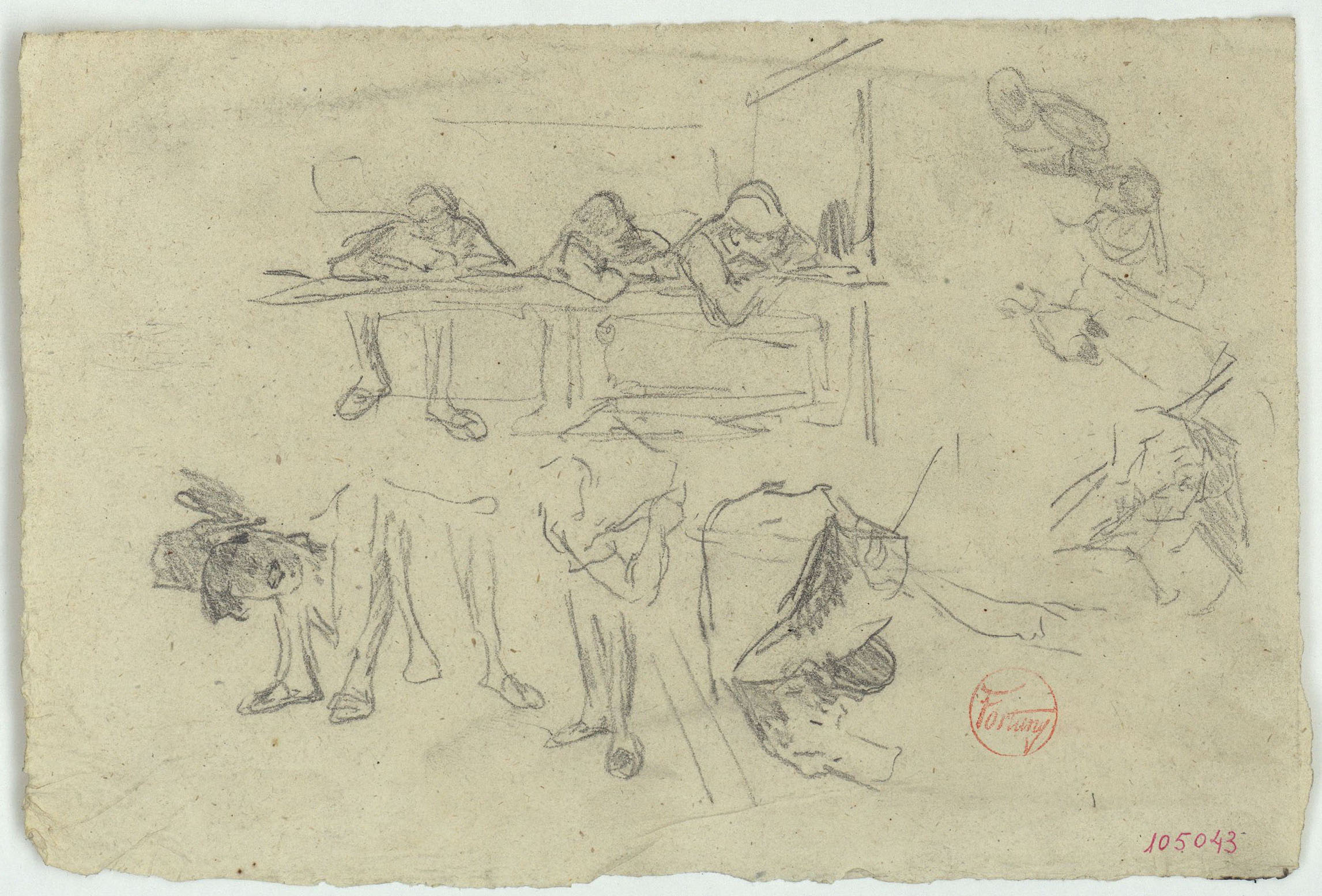 image for: Marià Fortuny - Figures recolzades en una llotja, estudi de cames, croquis de cames i croquis inconcrets - Cap a 1863-1872