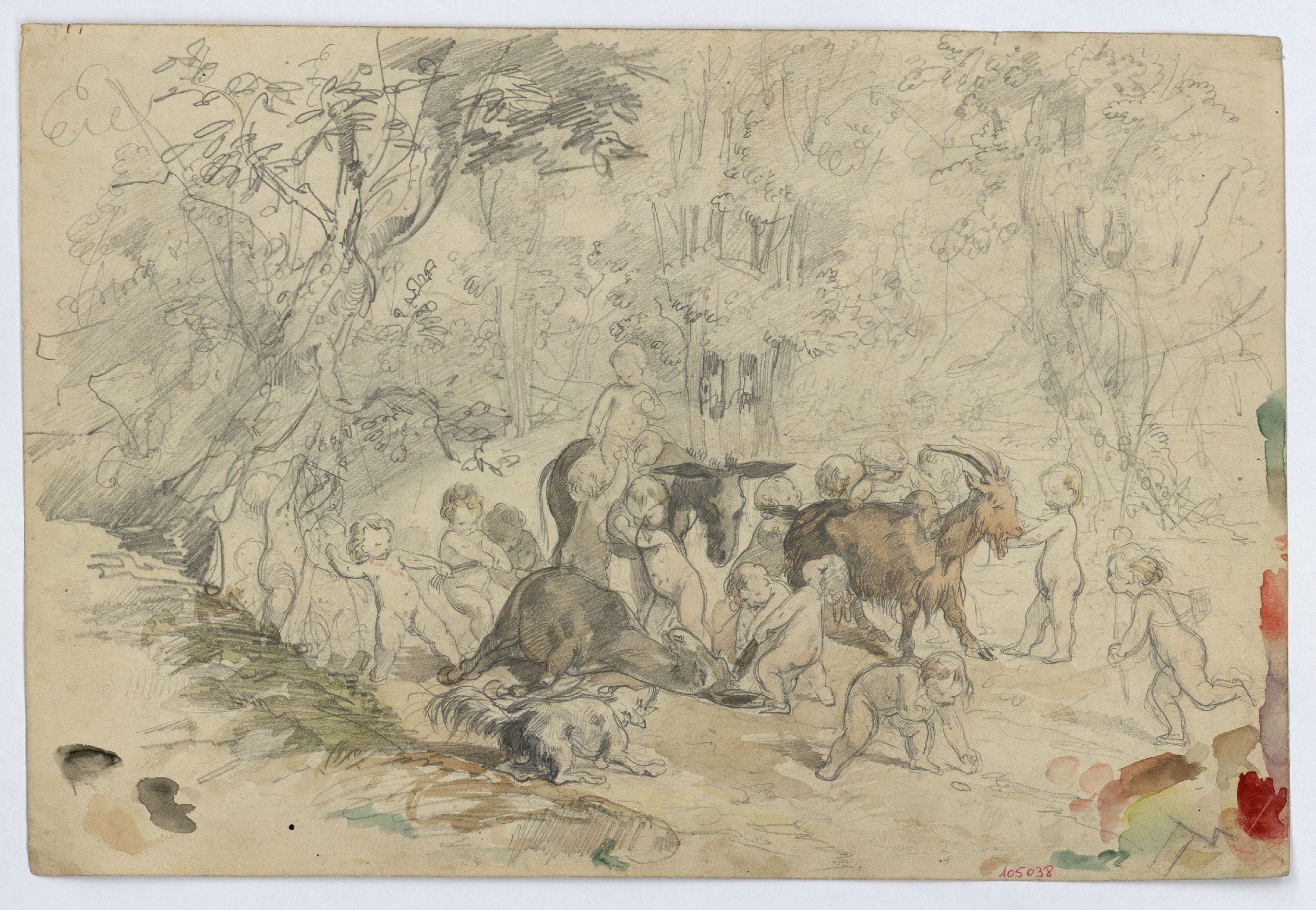 image for: Marià Fortuny - Amorets i animals al bosc (anvers) / Estudi acadèmic de figura masculina (revers) - Cap a 1860-1863