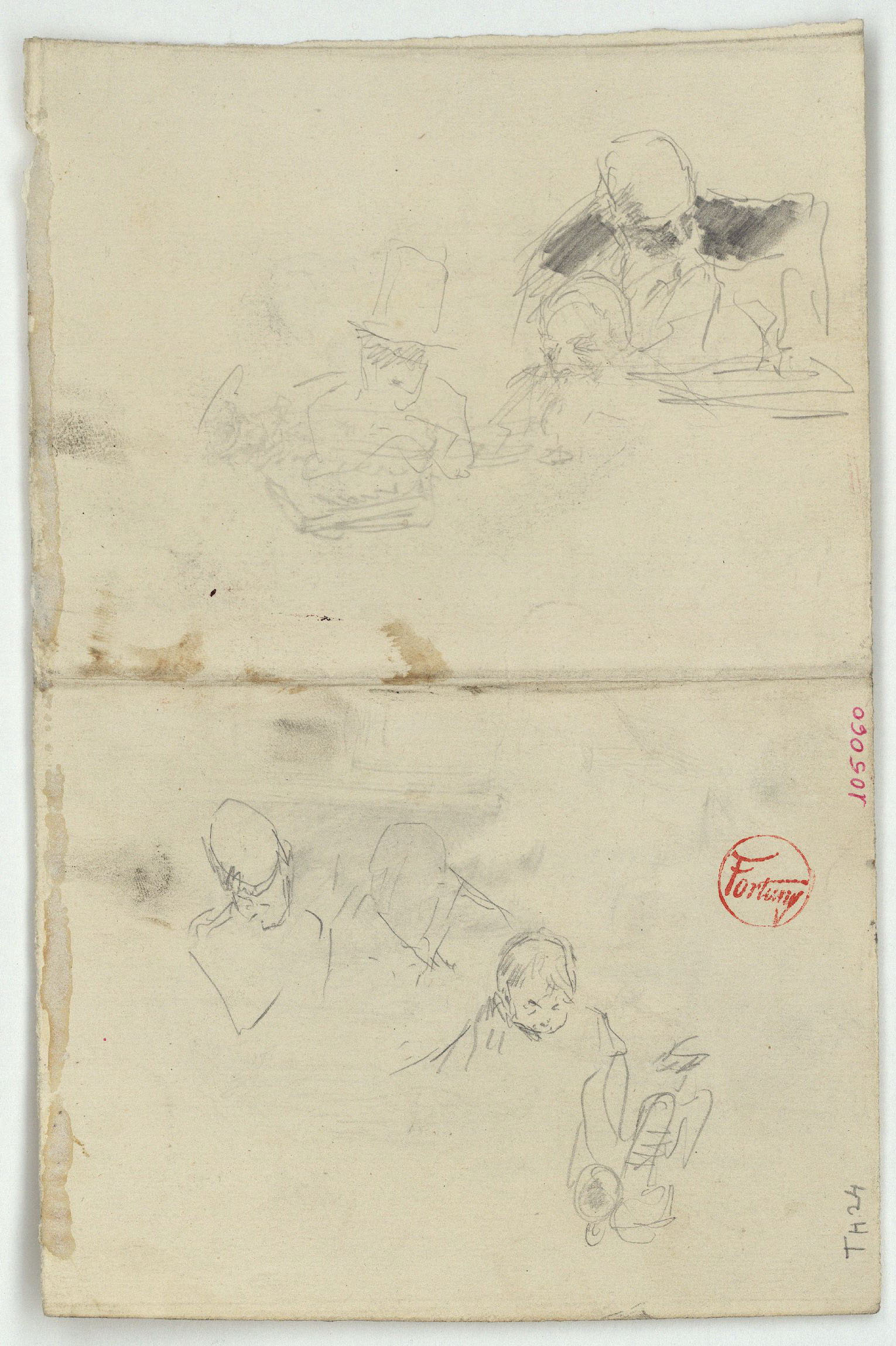 image for: Marià Fortuny - Esbós de caps masculins (anvers) / Parella i croquis inconcret (revers) - Cap a 1863-1867