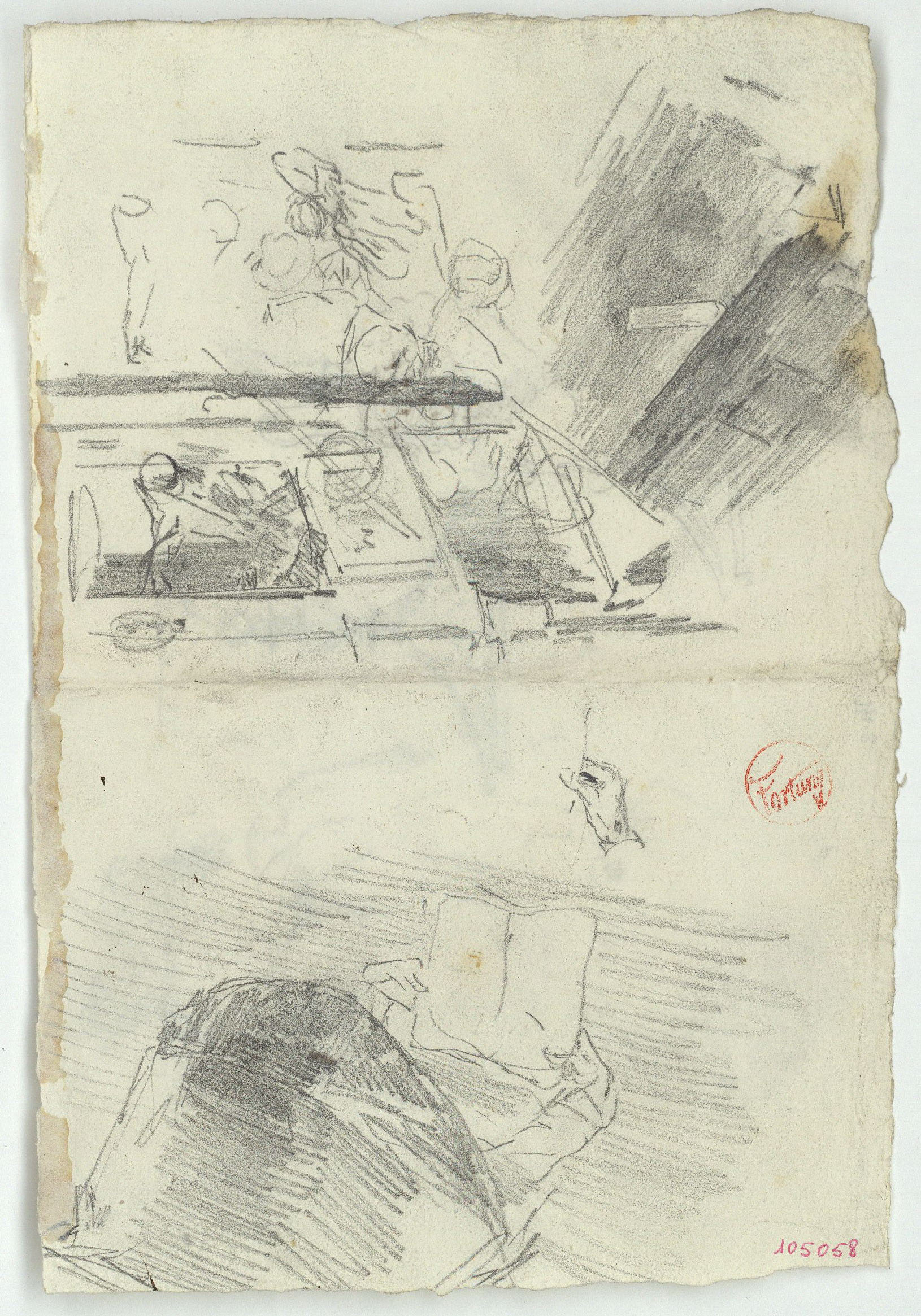 image for: Marià Fortuny - Esbós d&#039;escenari teatral i coverol (anvers) / Gerra, copa i altres esbossos (revers) - Cap a 1863-1865