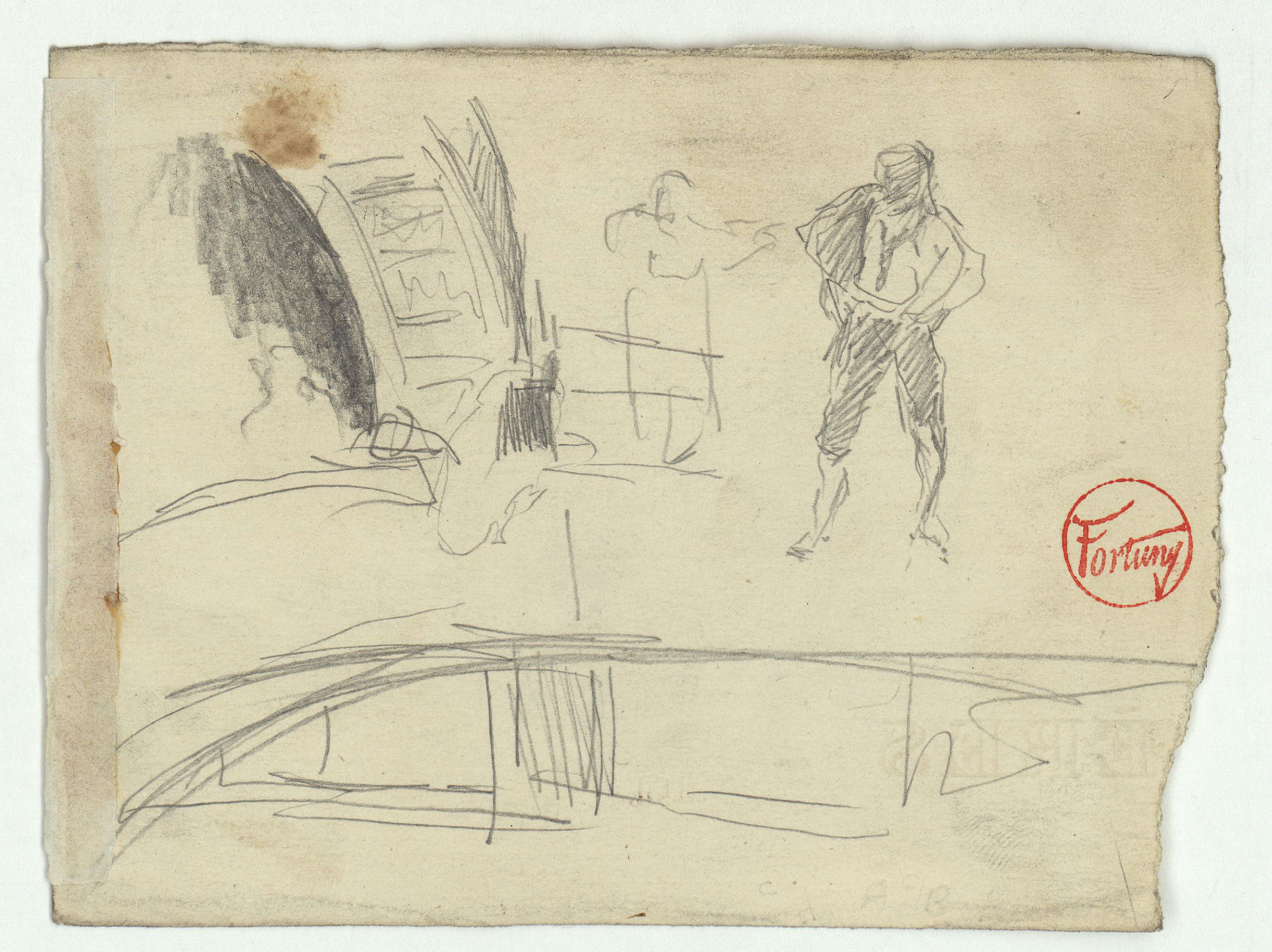 image for: Marià Fortuny - Croquis inconcret i figura masculina (anvers) / Músics (revers) - Cap a 1863-1867