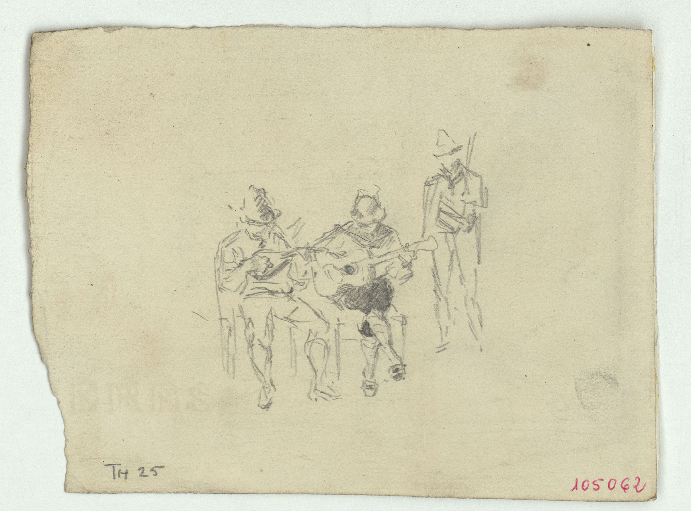 image for: Marià Fortuny - Croquis inconcret i figura masculina (anvers) / Músics (revers) - Cap a 1863-1867 [1]