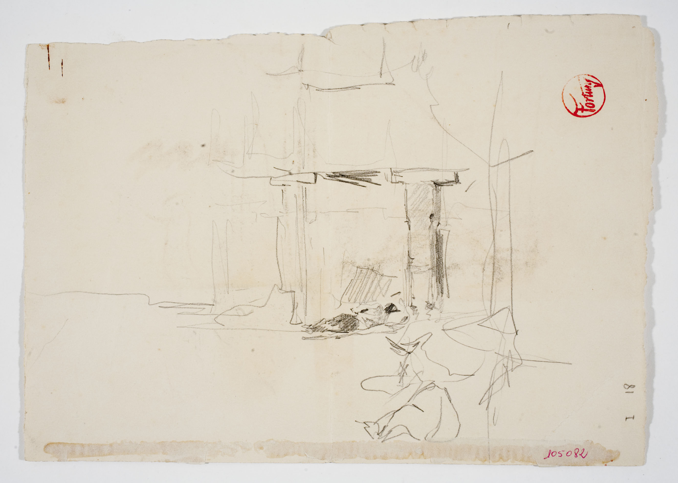 image for: Marià Fortuny - Esbós d&#039;estructura arquitectònica amb figura (anvers) / Escribans (revers) - Cap a 1865-1868