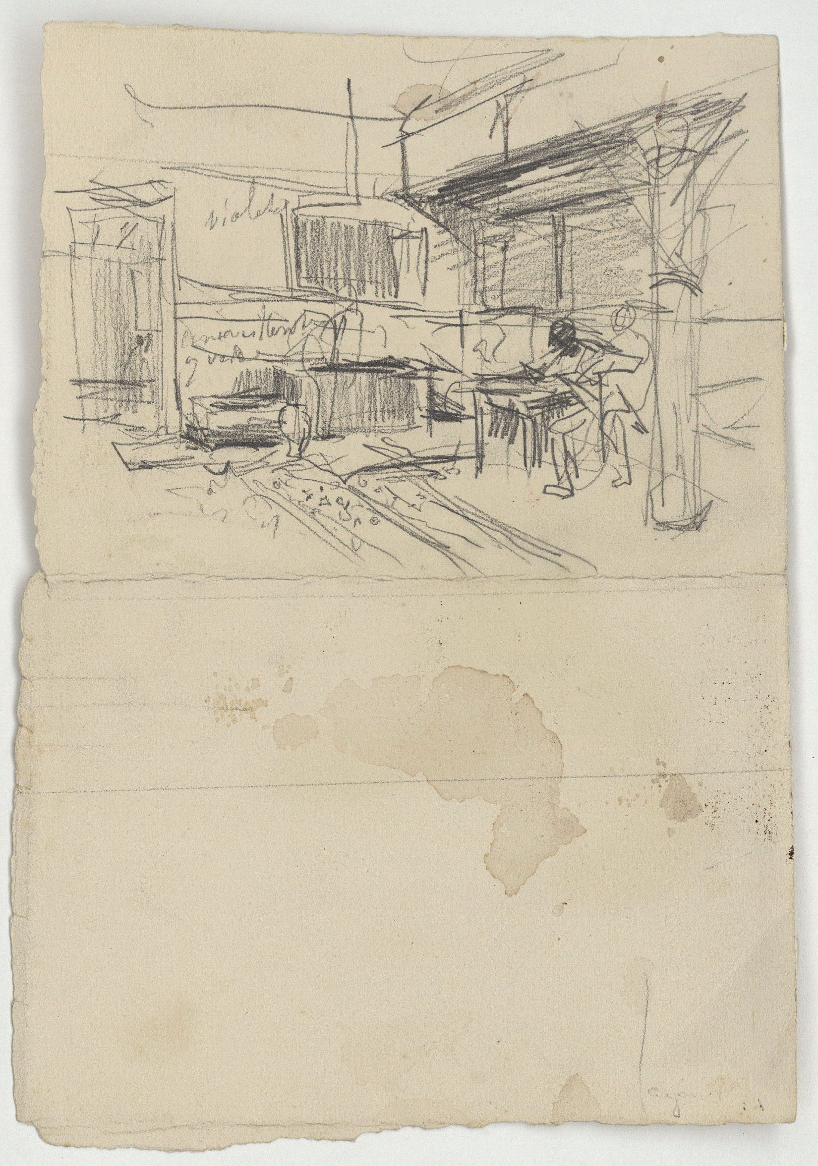image for: Marià Fortuny - Esbós d&#039;estructura arquitectònica amb figura (anvers) / Escribans (revers) - Cap a 1865-1868 [1]