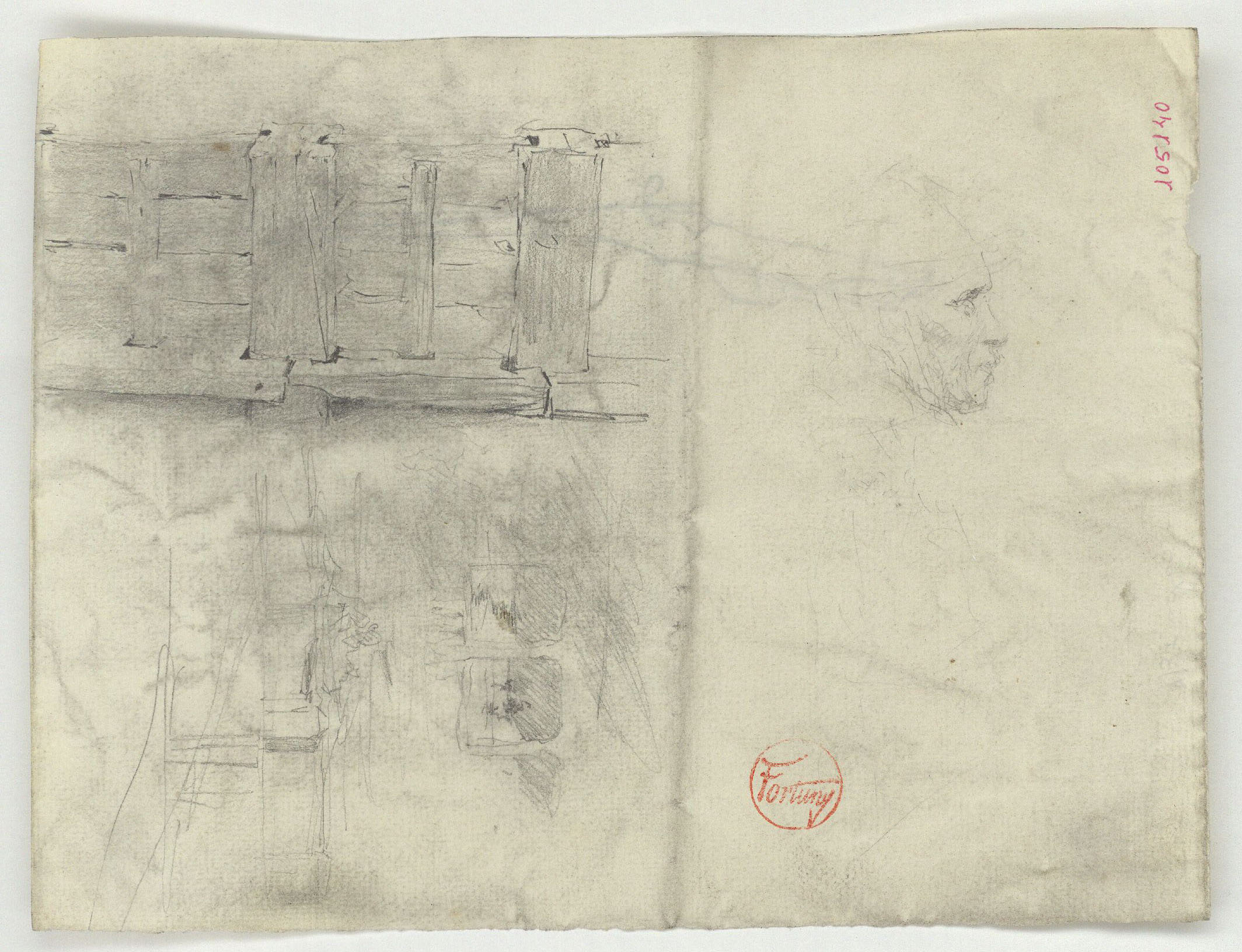 image for: Marià Fortuny - Engalzat de fusta i cap masculí (anvers) / Espingarda (revers) - Cap a 1867-1870