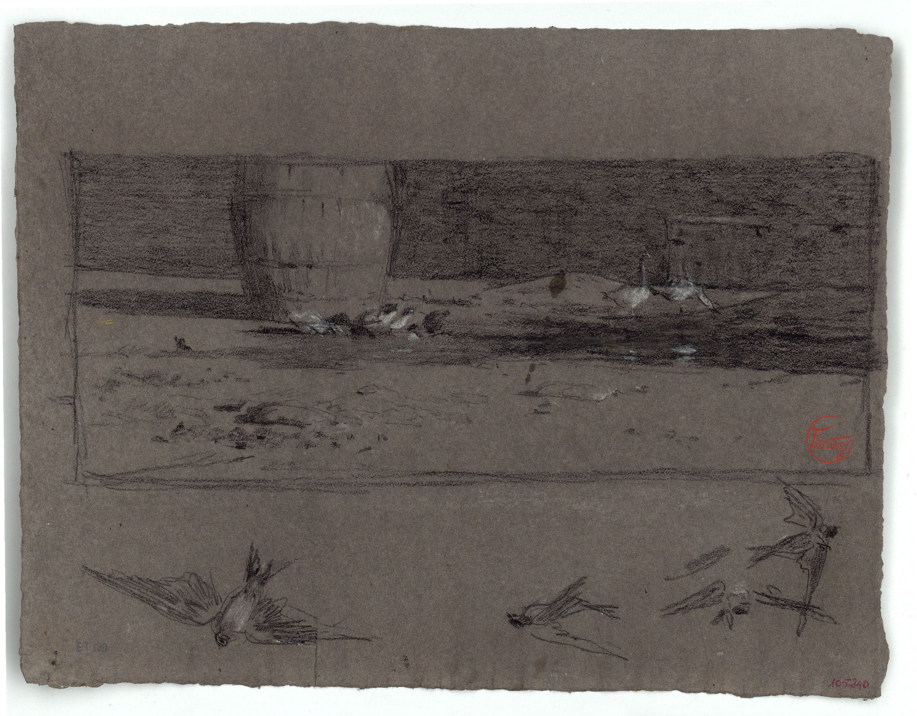 image for: Marià Fortuny - Ocells i ànecs en un corral i estudi d&#039;orenetes (anvers) / Homes amb casaques (revers) - Cap a 1870-1872