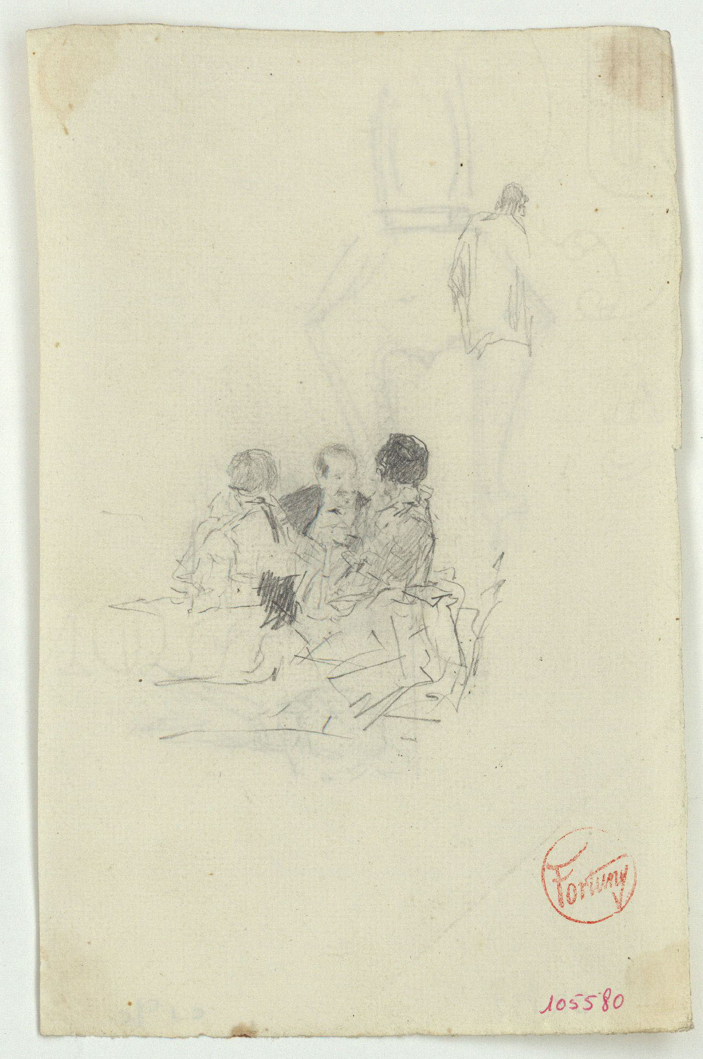image for: Marià Fortuny - Figures assegudes (anvers) / Part superior d&#039;una espasa i croquis de figures (revers) - Cap a 1867-1872