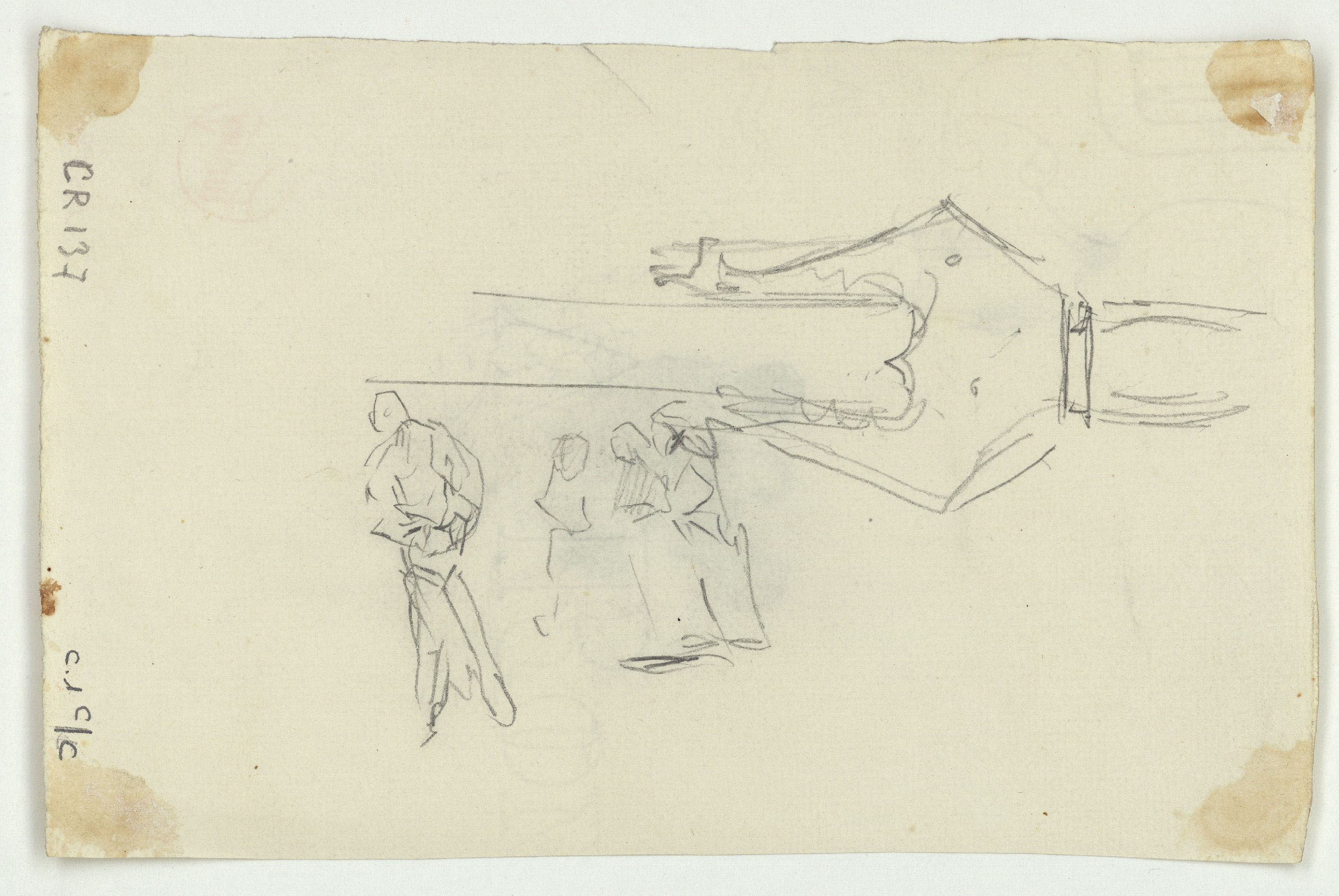 image for: Marià Fortuny - Figures assegudes (anvers) / Part superior d&#039;una espasa i croquis de figures (revers) - Cap a 1867-1872 [1]