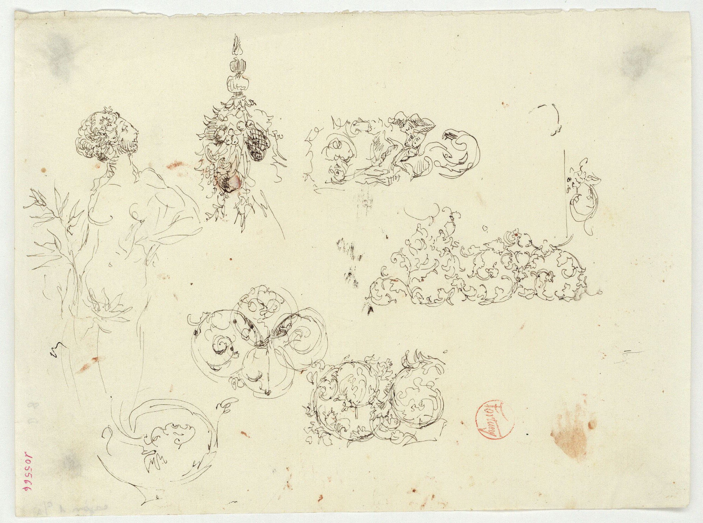 image for: Marià Fortuny - Esbós de figura i sanefes amb motius florals - Cap a 1867-1870