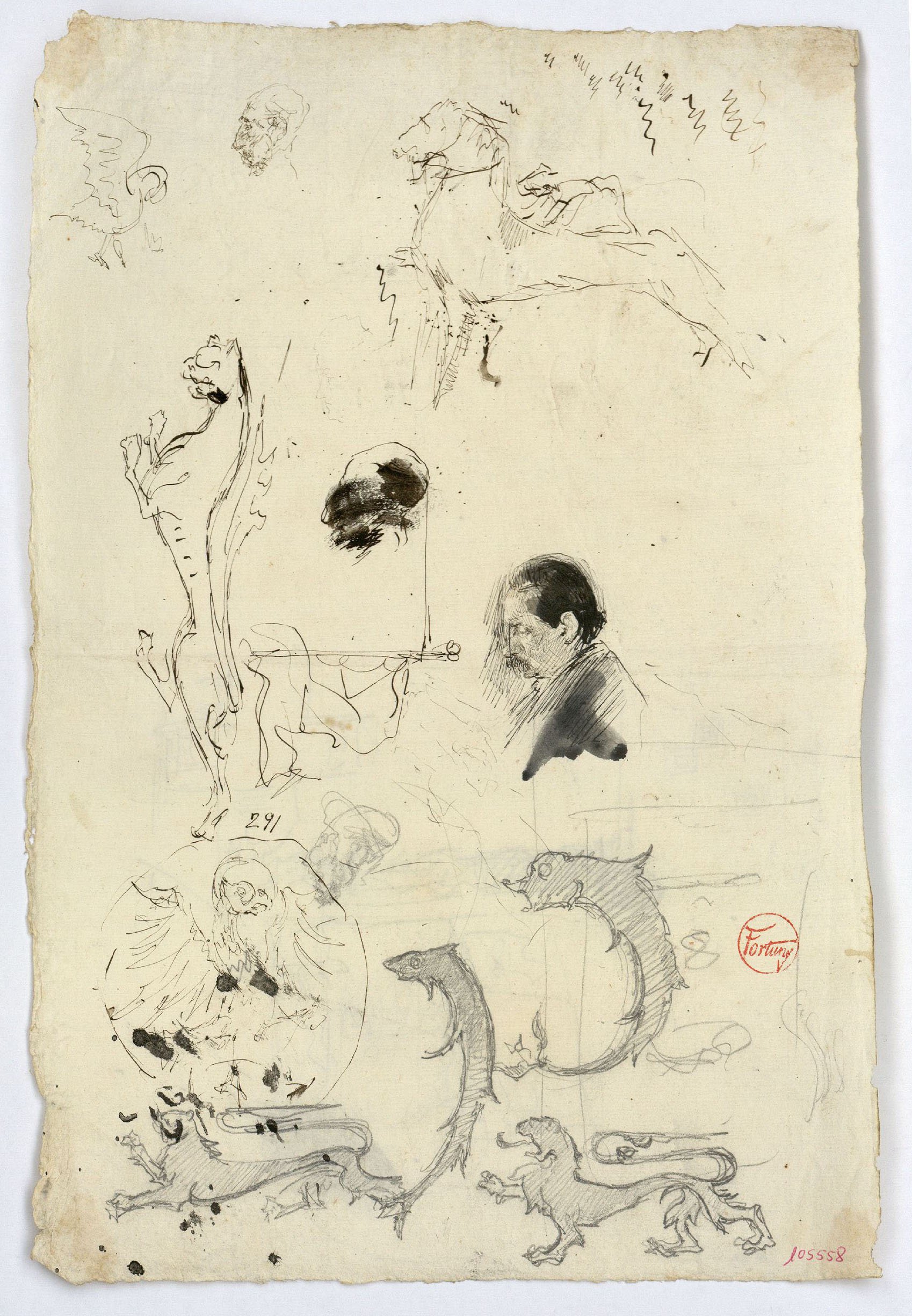 image for: Marià Fortuny - Animals heràldics i caps d&#039;home (anvers) / Croquis d&#039;estructura arquitectònica i columna salomònica (revers) - Cap a 1870-1872