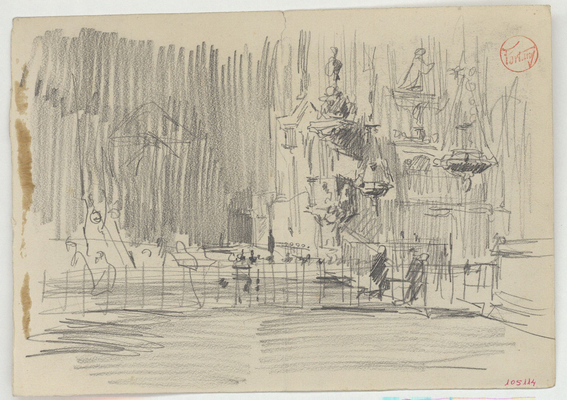 image for: Marià Fortuny - Interior d&#039;una església (anvers) / Carrer i entrada d&#039;una casa amb una figura femenina (revers) - Cap a 1870-1872