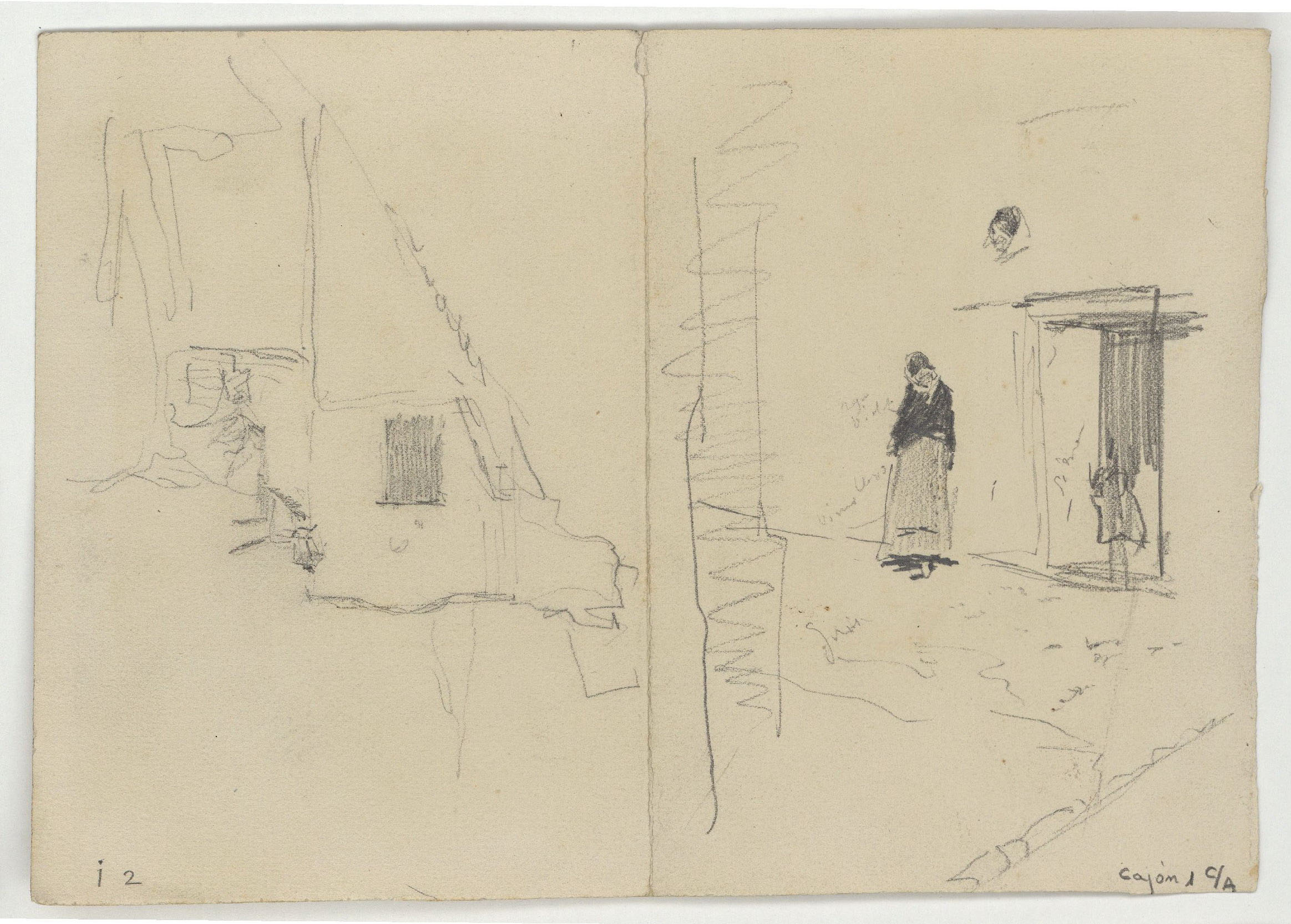 image for: Marià Fortuny - Interior d&#039;una església (anvers) / Carrer i entrada d&#039;una casa amb una figura femenina (revers) - Cap a 1870-1872 [1]