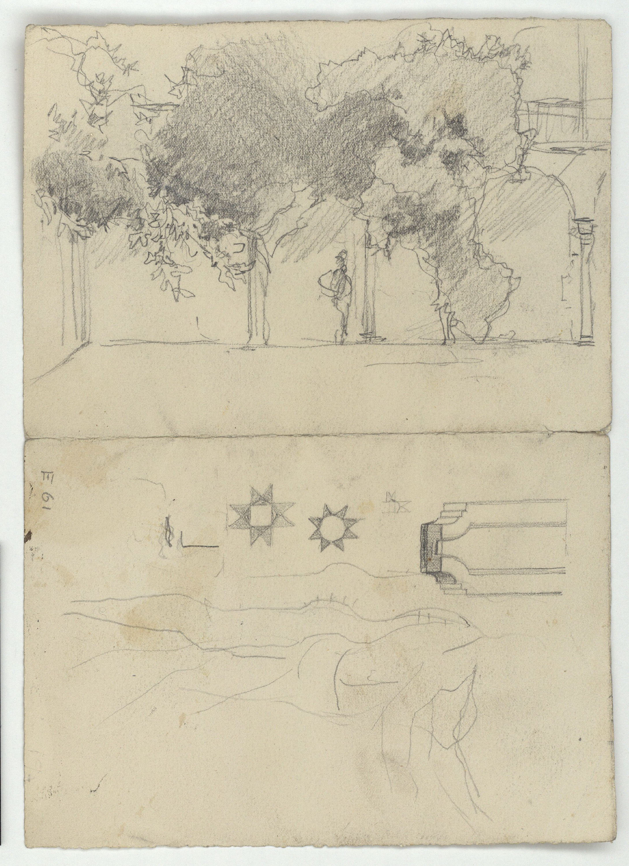 image for: Marià Fortuny - Esbós d&#039;un passeig (anvers) / Porxada i motius geomètrics (revers) - Cap a 1867-1872 [1]