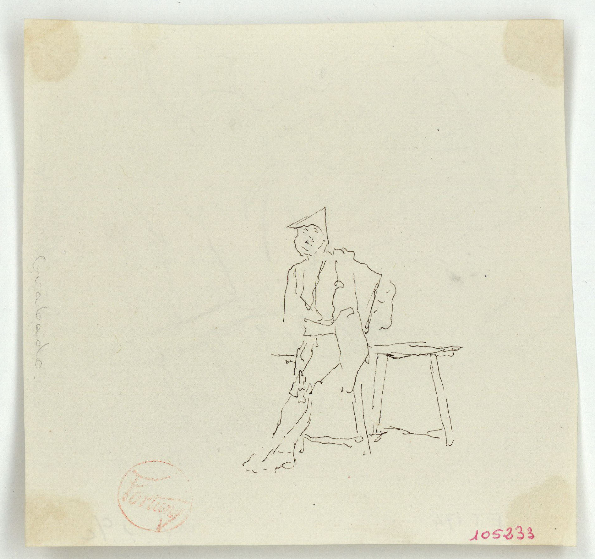 image for: Marià Fortuny - Figura masculina recolzada en una taula (anvers) / Estudi per al quadre «Dinar a l&#039;Alhambra» (revers) - Cap a 1870-1872