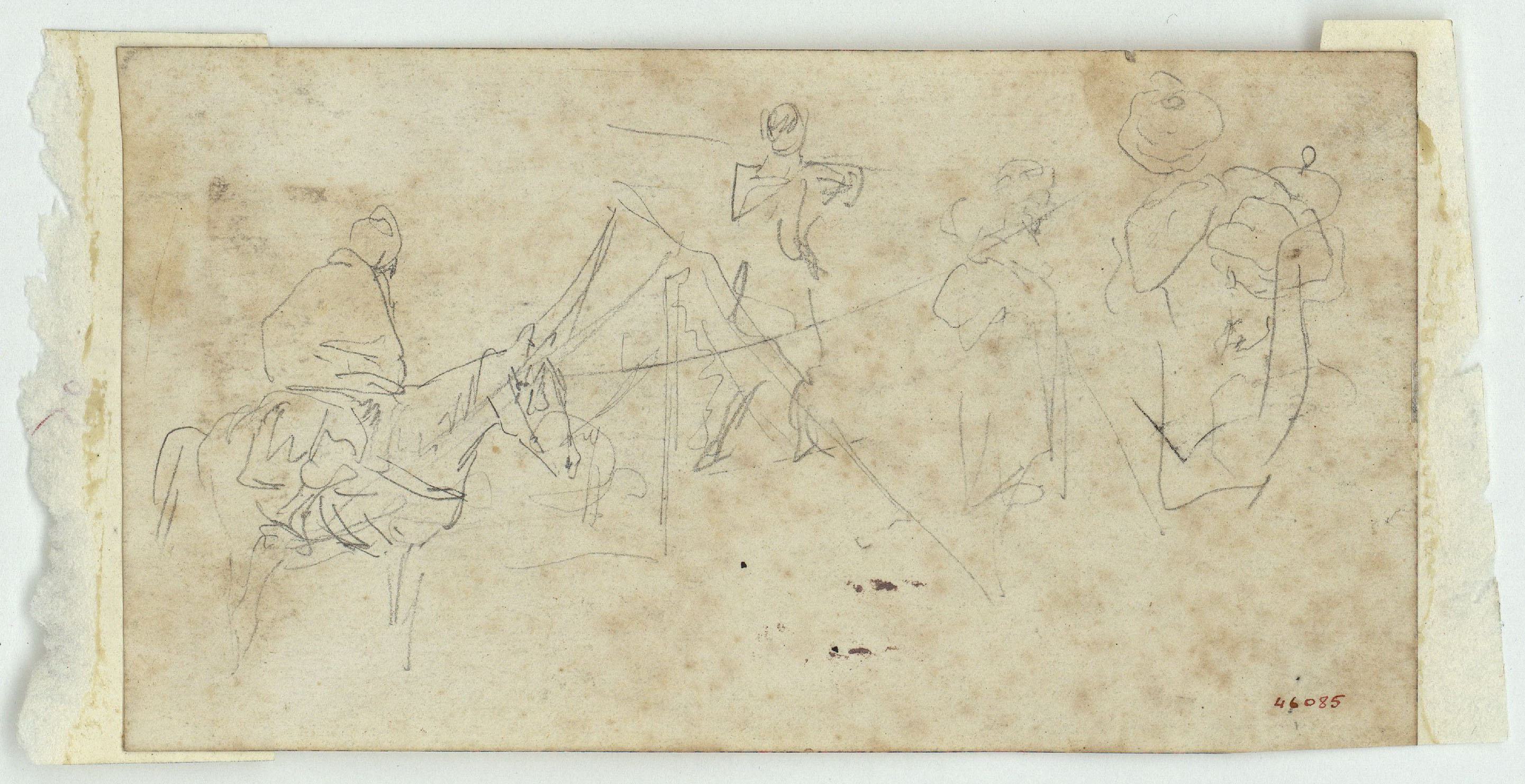 image for: Marià Fortuny - Croquis de marroquí a cavall i altres figures (anvers) / Croquis de dos genets marroquins a cavall i una figura asseguda (revers) - Cap a 1860-1862
